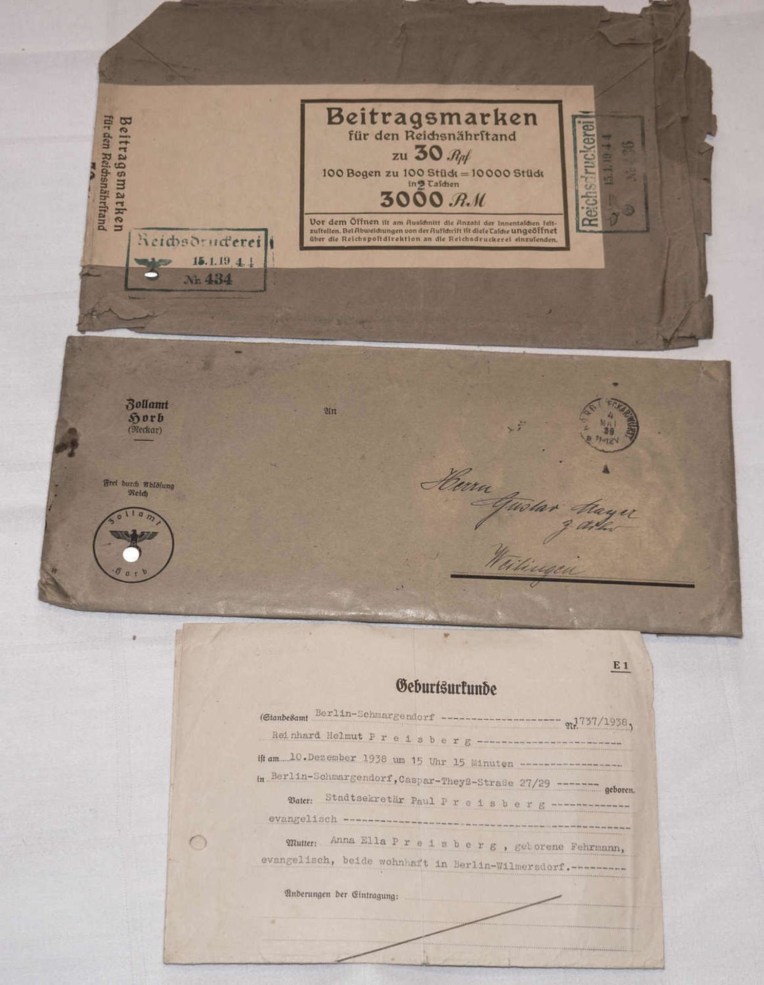 Konvolut 3. Reich, Umschlag Zollamt Horb blanko Vordrucke Brauanzeige, Umschlag Reichsdruckerei Rei