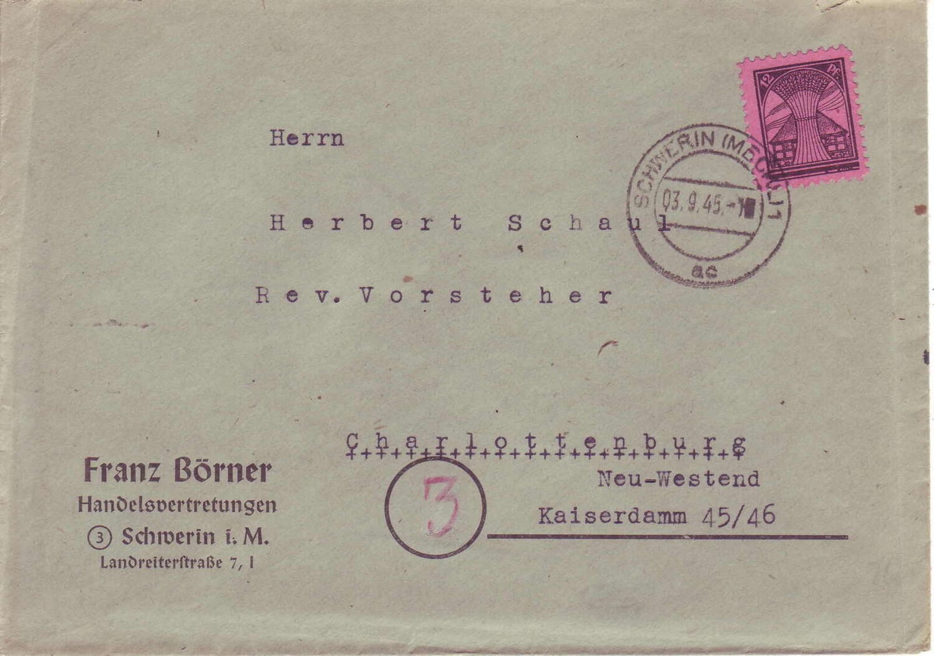 SBZ, Mi. - Nr. 1 als EF aus Schwerin nach Charlottenburg.SBZ, Mi. - No. 1 as single franking from S