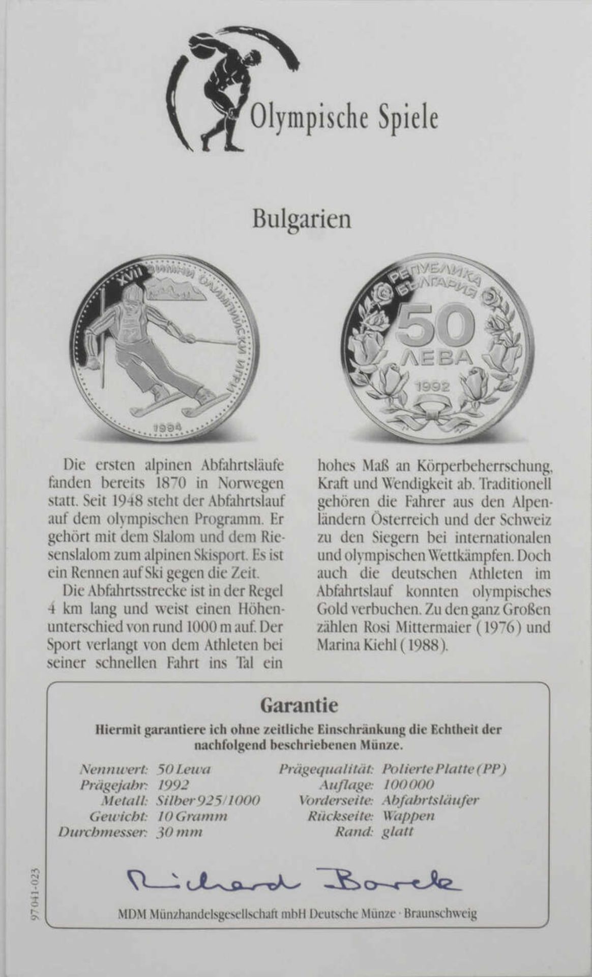 Olympische Spiele Bulgarien, 50 Lewa, 925/1000 Silber. Abfahrtsläufer. Mit Zertifikat.Olympic Game - Bild 3 aus 3