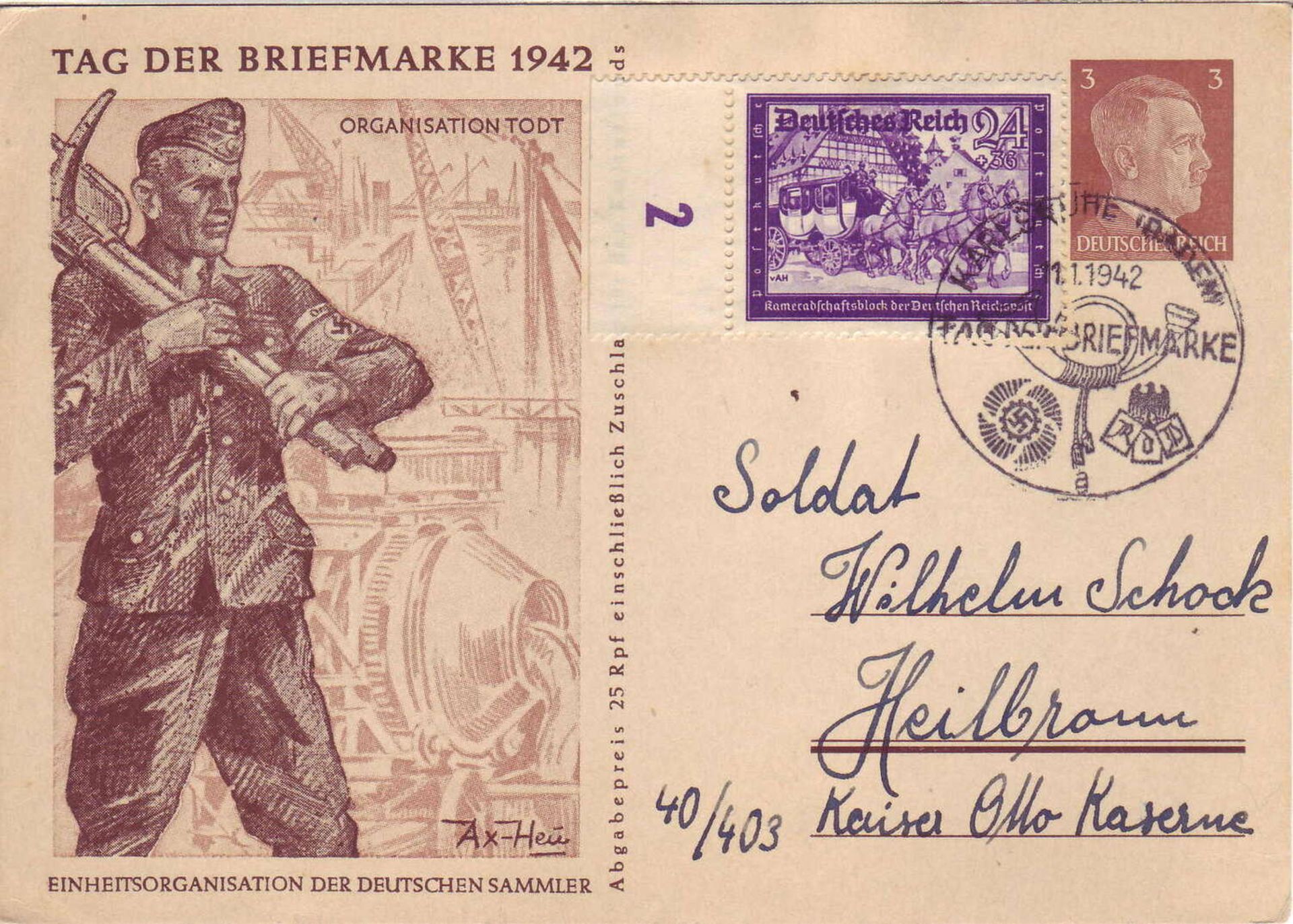 Drittes Reich 1942, Ganzsache P 308/04 mit Sonderstempel und Zusatzfrankatur. Gelaufen.Third Reich