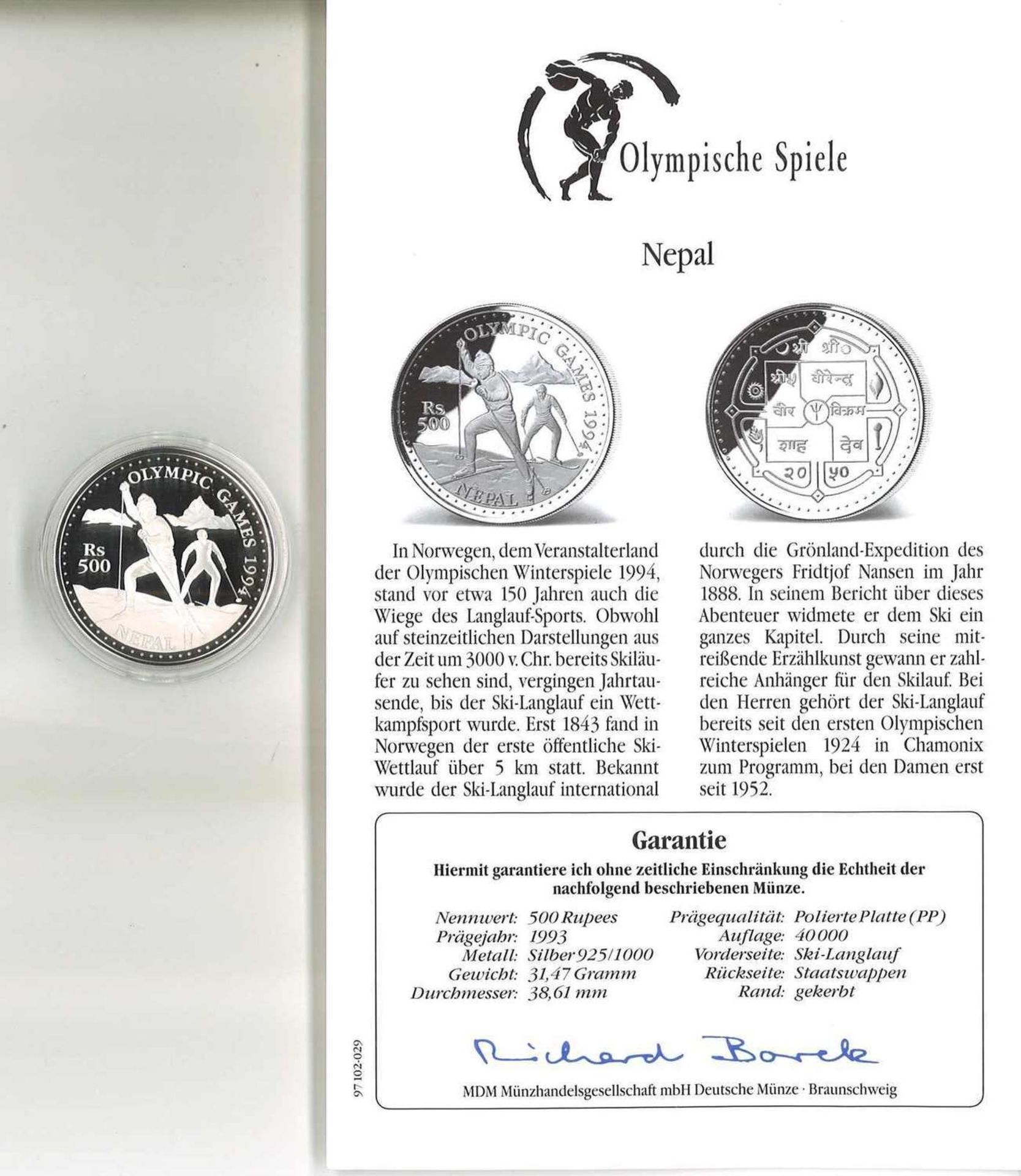 Olympische Spiele Nepal, 500 Rupees, 925/1000 Silber. Ski-Langlauf. Mit Zertifikat.Olympic Games Ne