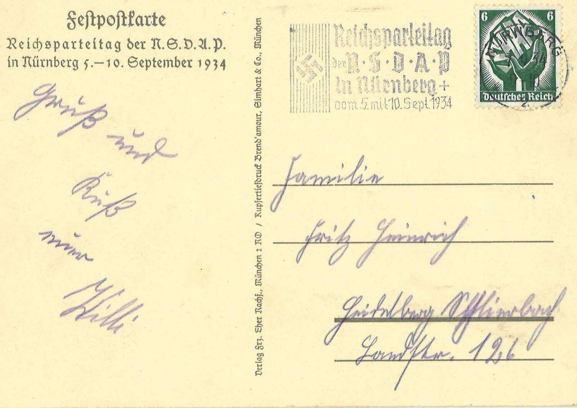 Postkarte Reichsparteitag Nürnberg 1934, 5.-10. September, gelaufen mit Sonderstempel Postcard - Bild 2 aus 2