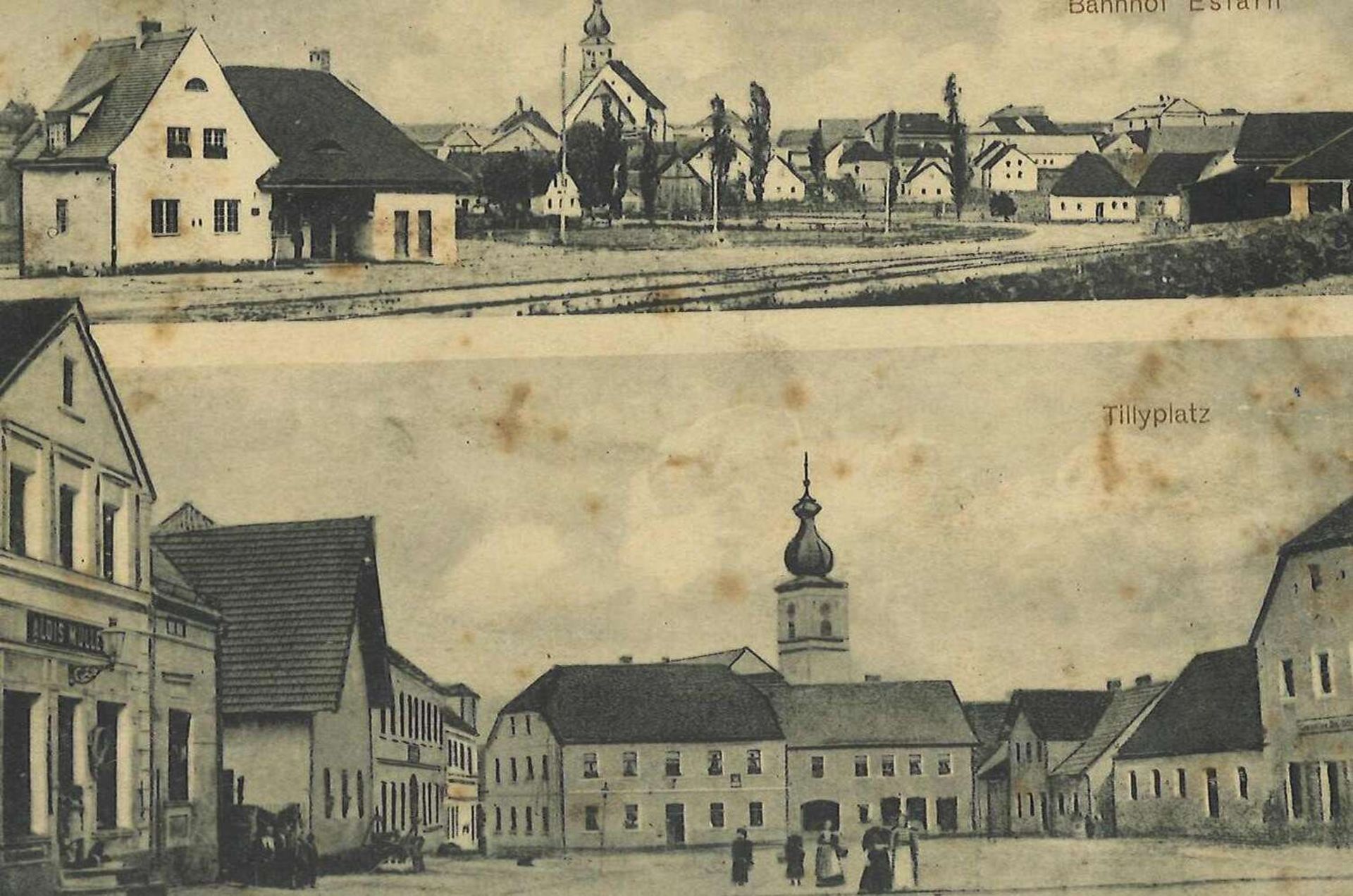 Postkarte Eslarn, Ansicht Bahnhof und Tillyplatz, gelaufen Postcard Eslarn, view of train station