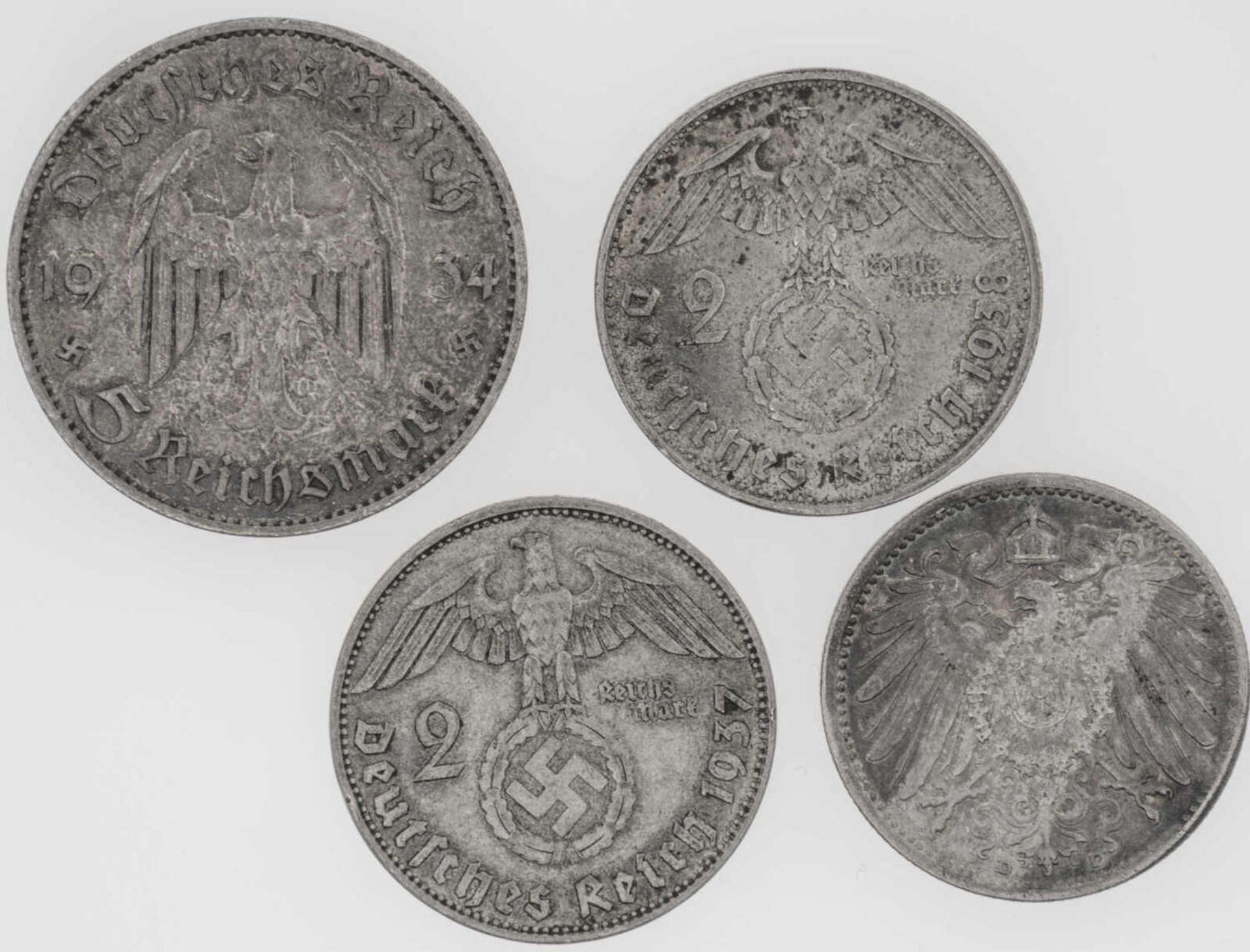 Deutschland 1914/38, Lot Silbermünzen, bestehend aus 1914 1.- Mark, 1934 5.- Reichsmark "