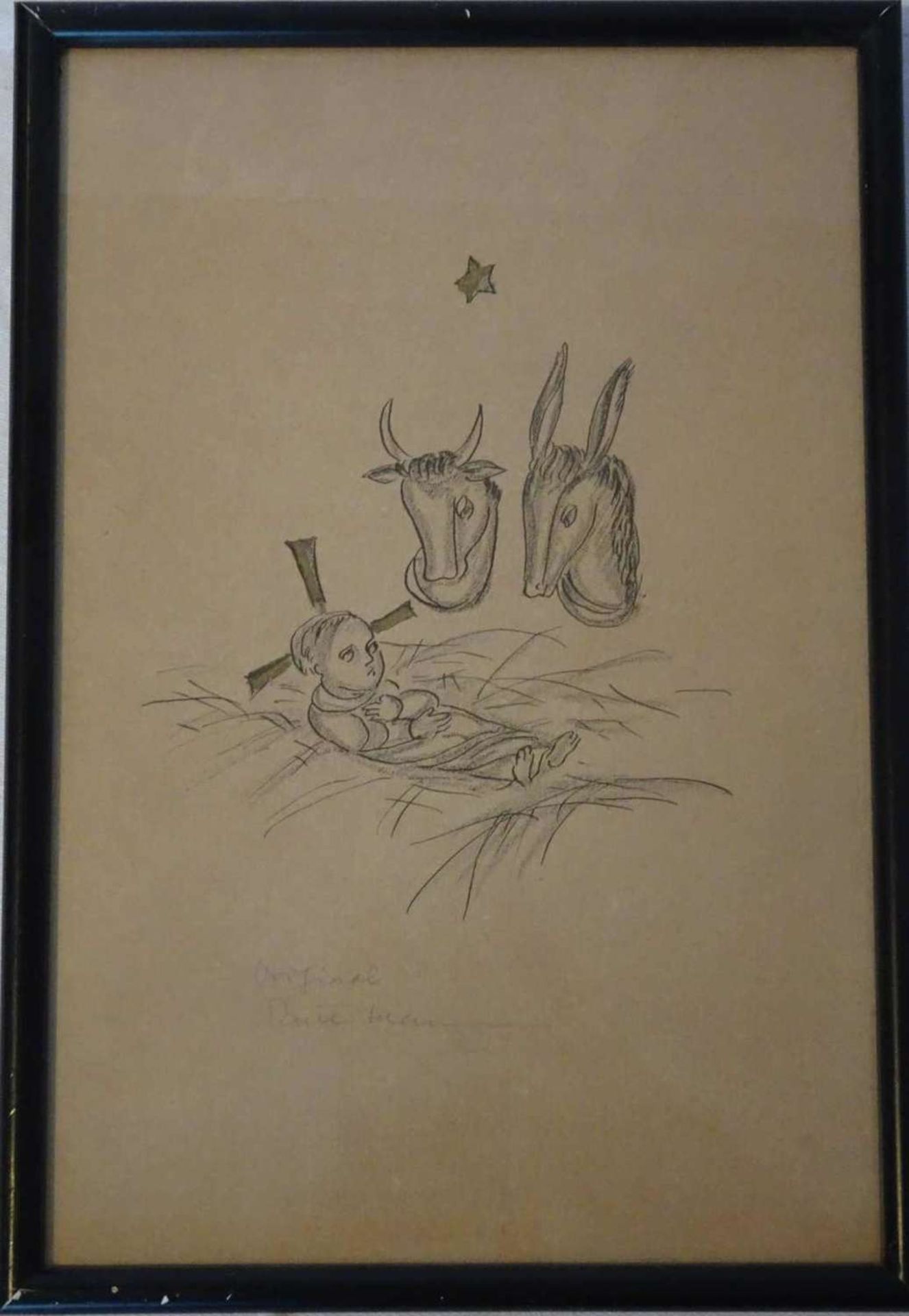 Ruth Schaumann (1899-1975), Original Tuschezeichnung mit Goldfarbe "Christkind mit Esel" Signatur