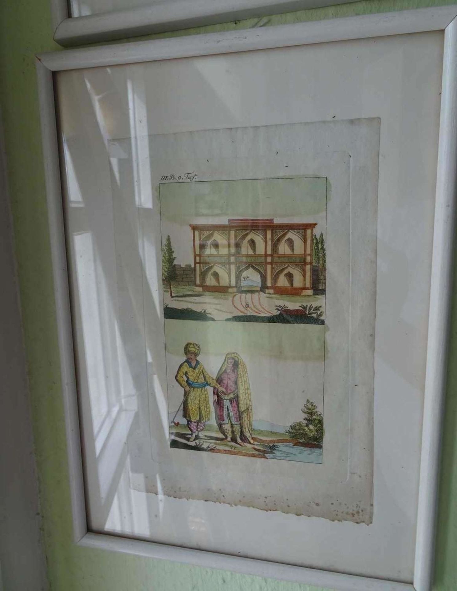 colorierter alter Kupferdruck "indisches Paar", hinter Glas gerahmt. Blattmaße: Höhe ca. 21,5 cm,