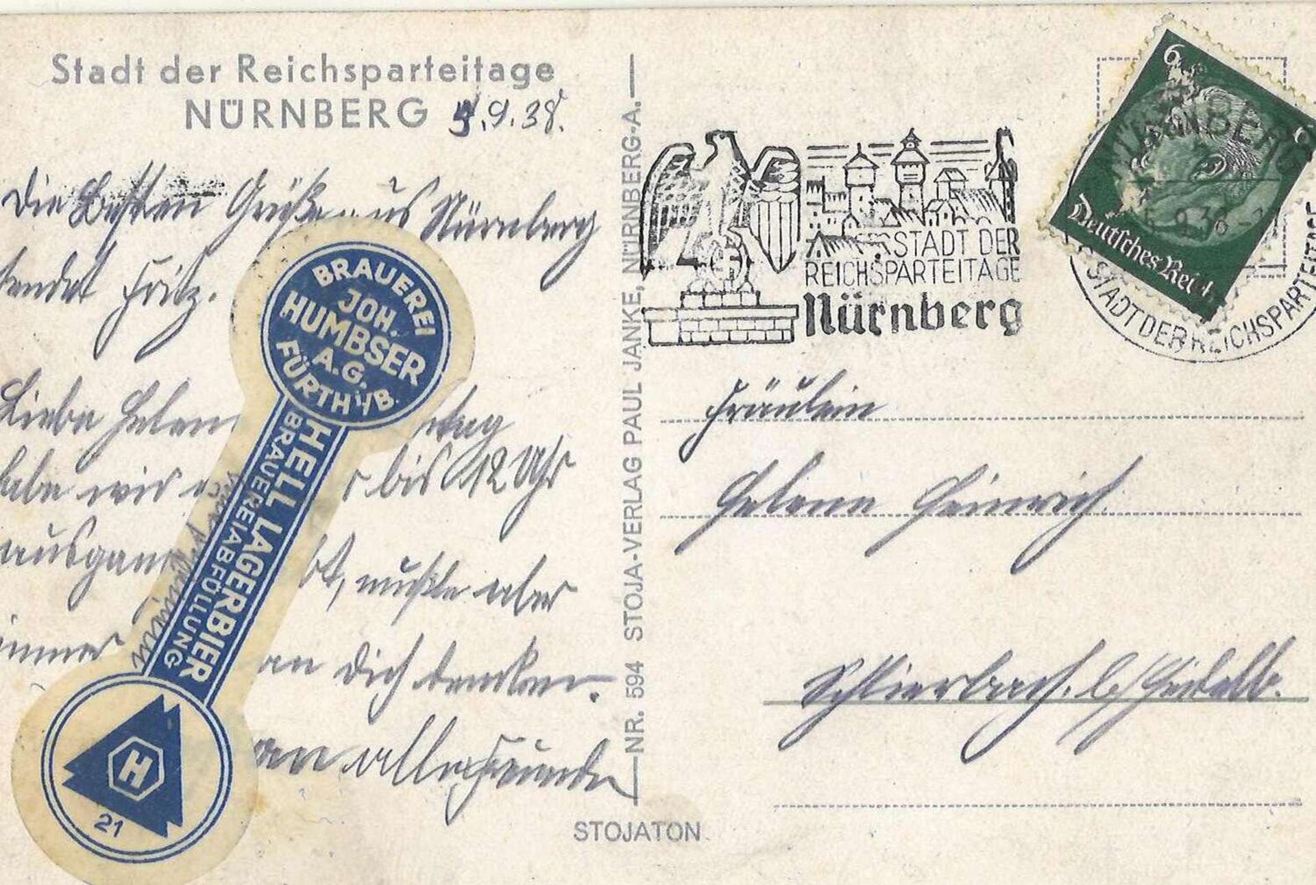 Postkarte "Stadt der Reichsparteitage Nürnberg" mit Aufkleber "Brauerei Humbser", gelaufen Postcard - Bild 2 aus 2