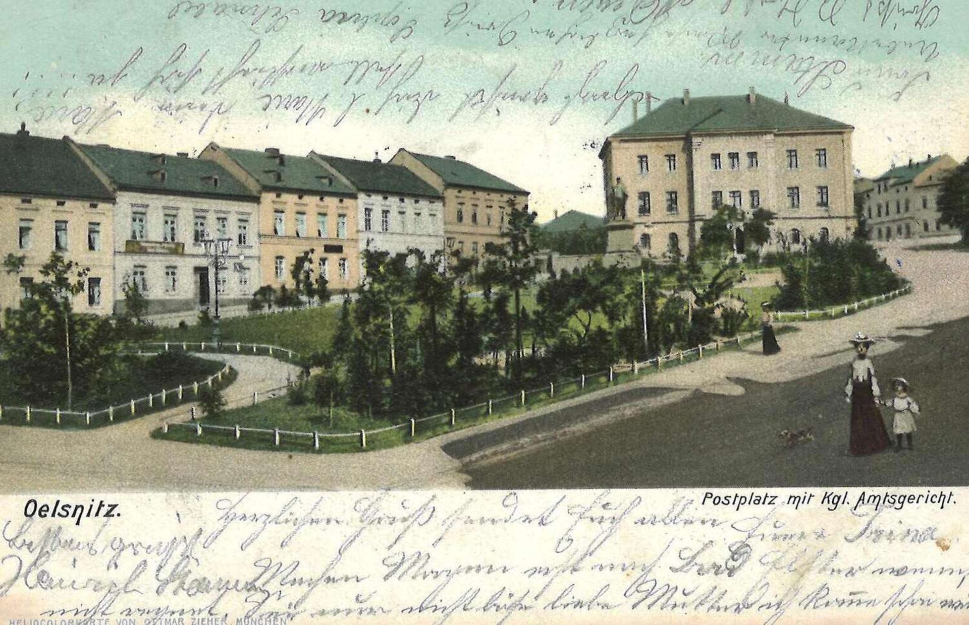Postkarte Oelsnitz, Ansicht Postplatz mit kgl. Amtsgericht, gelaufen Postcard Oelsnitz, view of