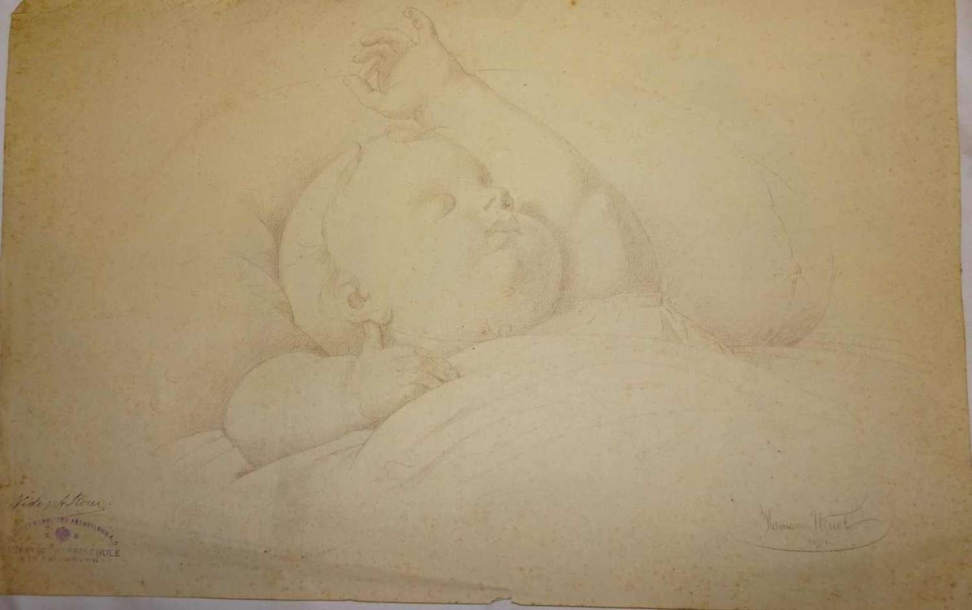 Hermann Wisiol, Bleistiftzeichnung "Baby", Signatur Hermann Wisiol 1894. Maße: Höhe ca. 30,3 cm,