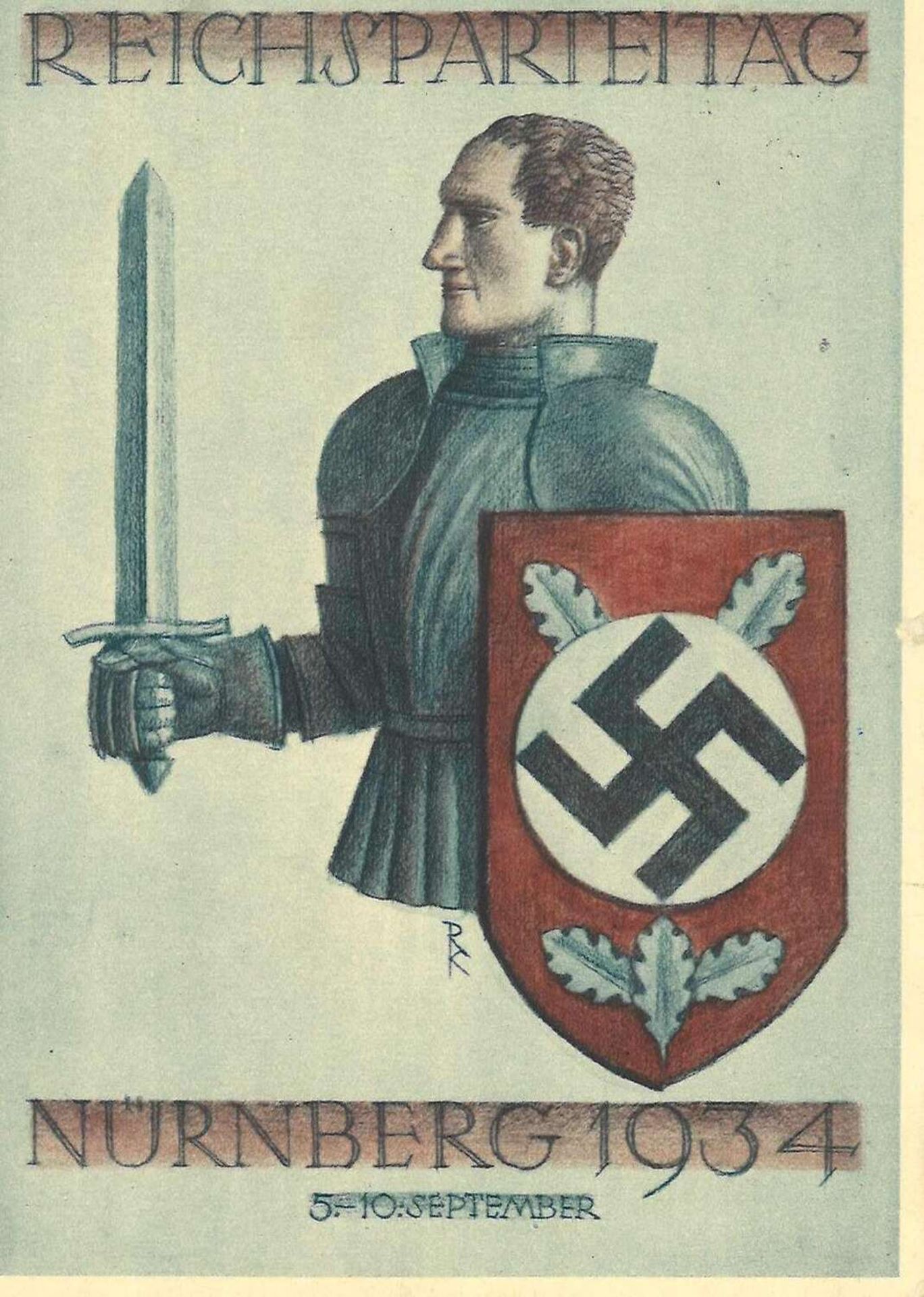 Postkarte Reichsparteitag Nürnberg 1934, 5.-10. September, gelaufen mit Sonderstempel Postcard
