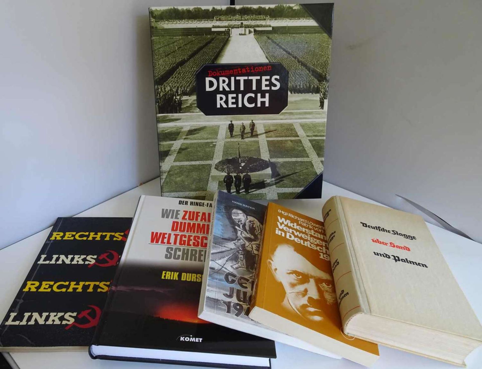 Lot Bücher zum Thema Drittes Reich, dabei Deutsche Flagge über Sand und Palmen, Widerstand und