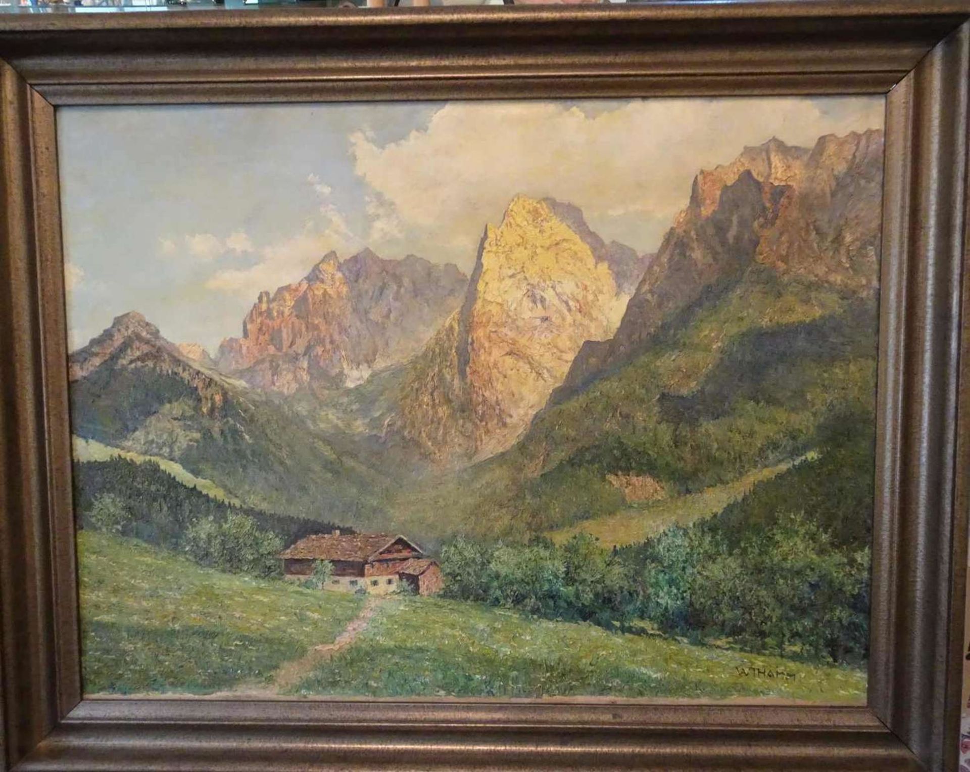 Walter Thamm (1885-1938), Ölgemälde auf Leinwand "Bauernhof im Hochgebirge", signiert. Im altem