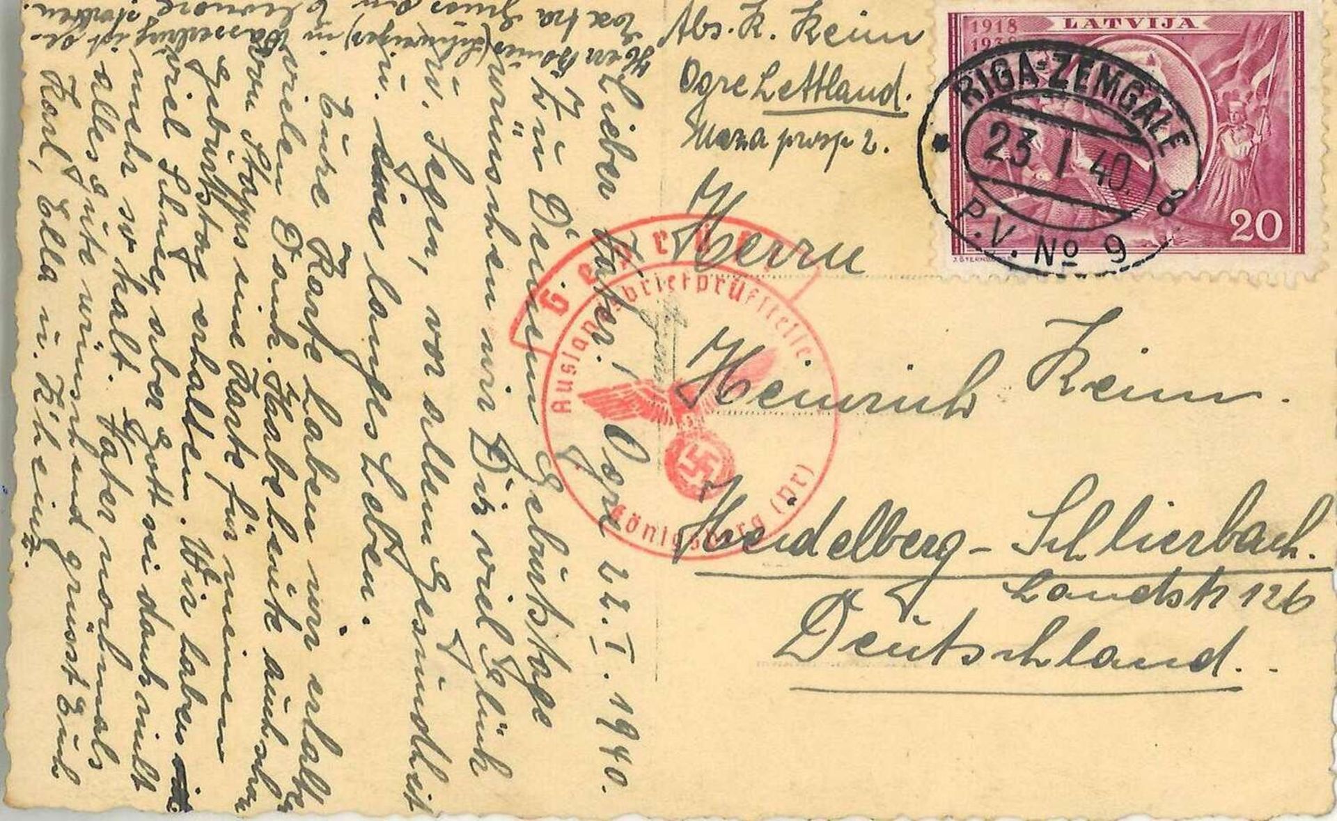 Postkarte, Ansicht Kirche mit Hund, gelaufen, mit Stempel Auslandsbriefprüfstelle Königsberg - Bild 2 aus 2