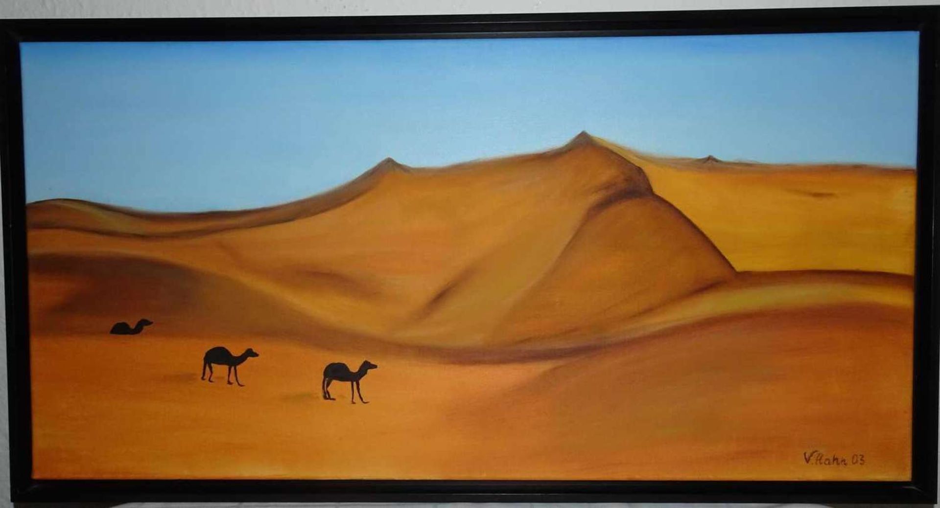 Veronika Hahn, Ölgemälde auf Leinwand "Wüste mit Kamelen", rechts unten Signatur V.Hahn03. Gerahmt.