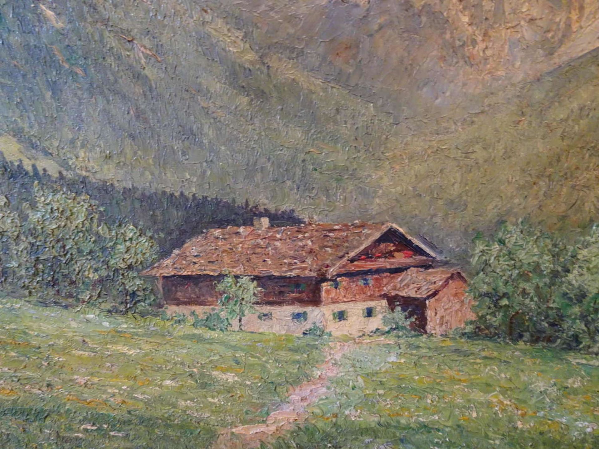 Walter Thamm (1885-1938), Ölgemälde auf Leinwand "Bauernhof im Hochgebirge", signiert. Im altem - Bild 3 aus 3