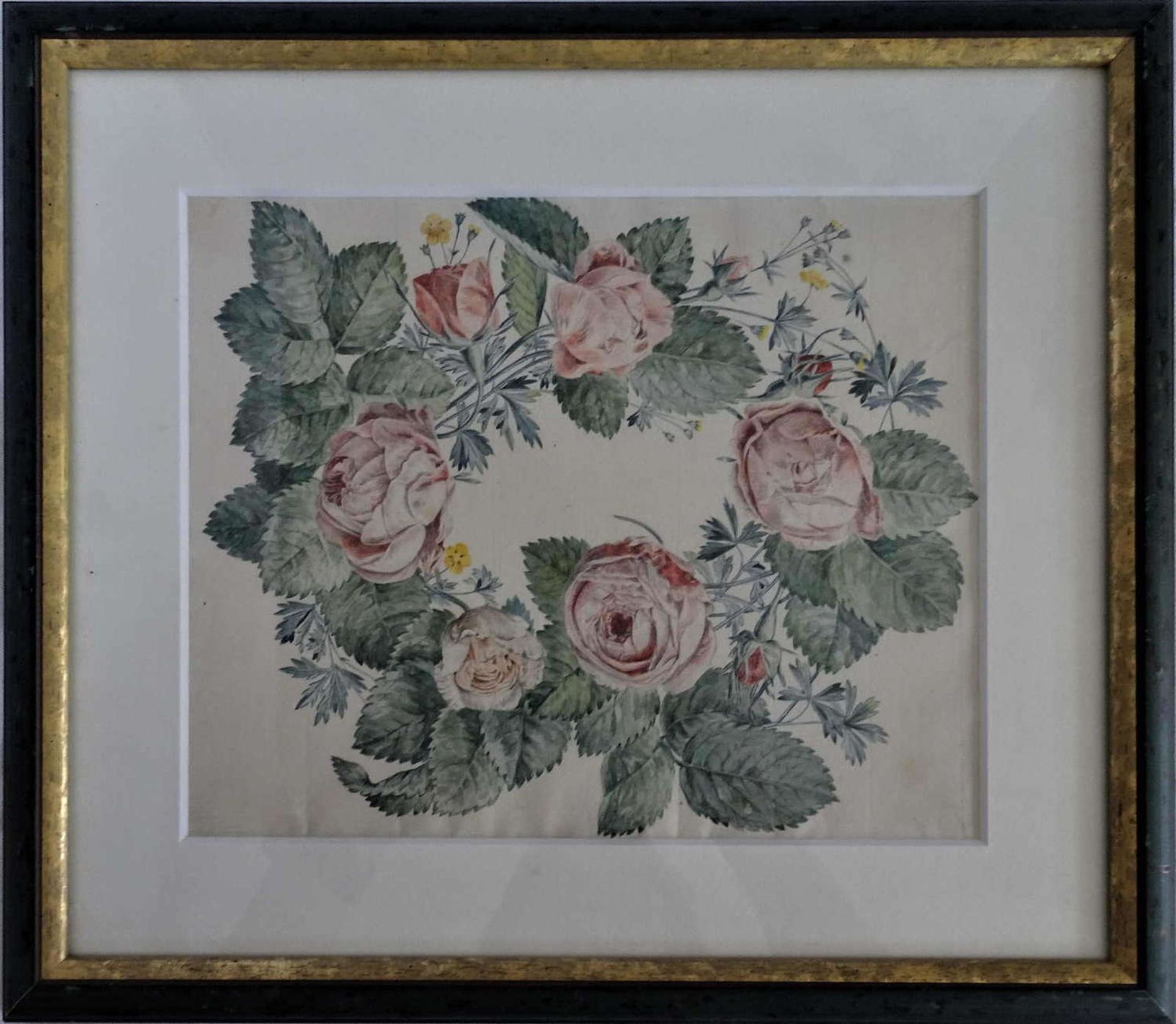 Aquarell auf Papier "Rosen", um 1840, Biedermaier Zeit. Hinter Glas gerahmt. Gesamtmaße: Höhe ca.