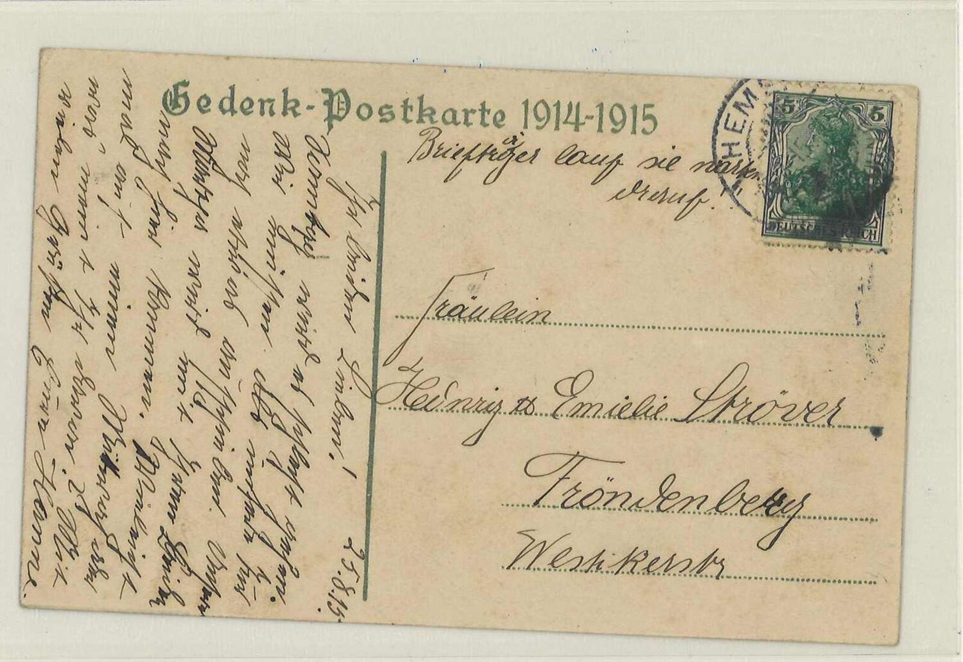 Deutsches Reich, Gedenk - Postkarte 1914-1915, gelaufen mit Sinnspruch. German Reich, commemorative