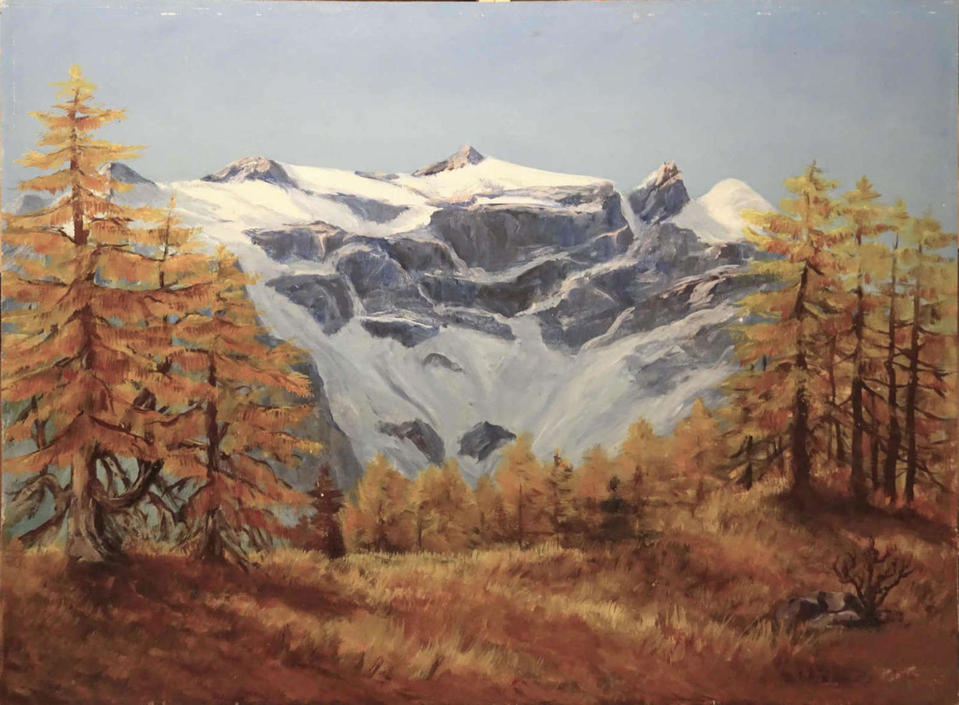 Aus süddeutscher Sammlung! Anonymer Maler, Ölgemälde auf Malkarton "Hochgebirge im Herbst". Maße: