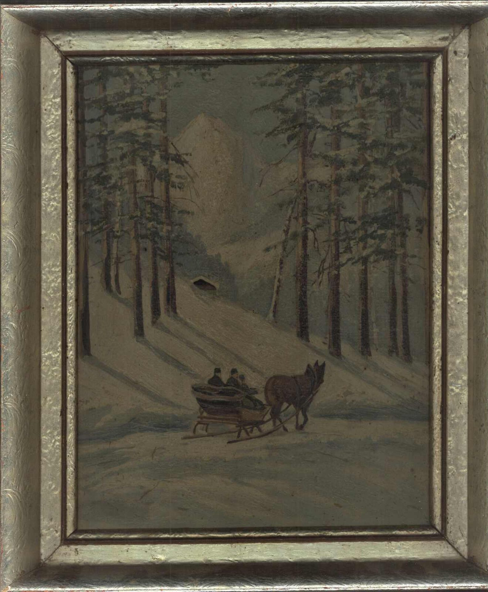 unbekannter Künstler Franken???, Ölgemälde auf Holzplatte "Winterausflug", im silbernen Rahmen.