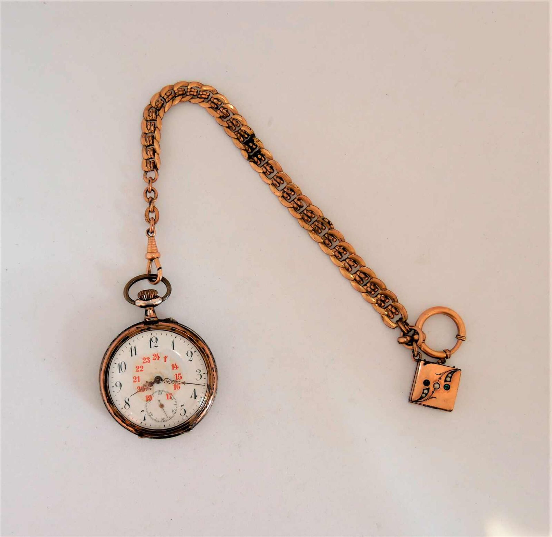 Taschenuhr an einer Uhrenkette mit Jugendstil-Schieber. Funktion geprüft.Pocket watch on a watch c - Image 2 of 2