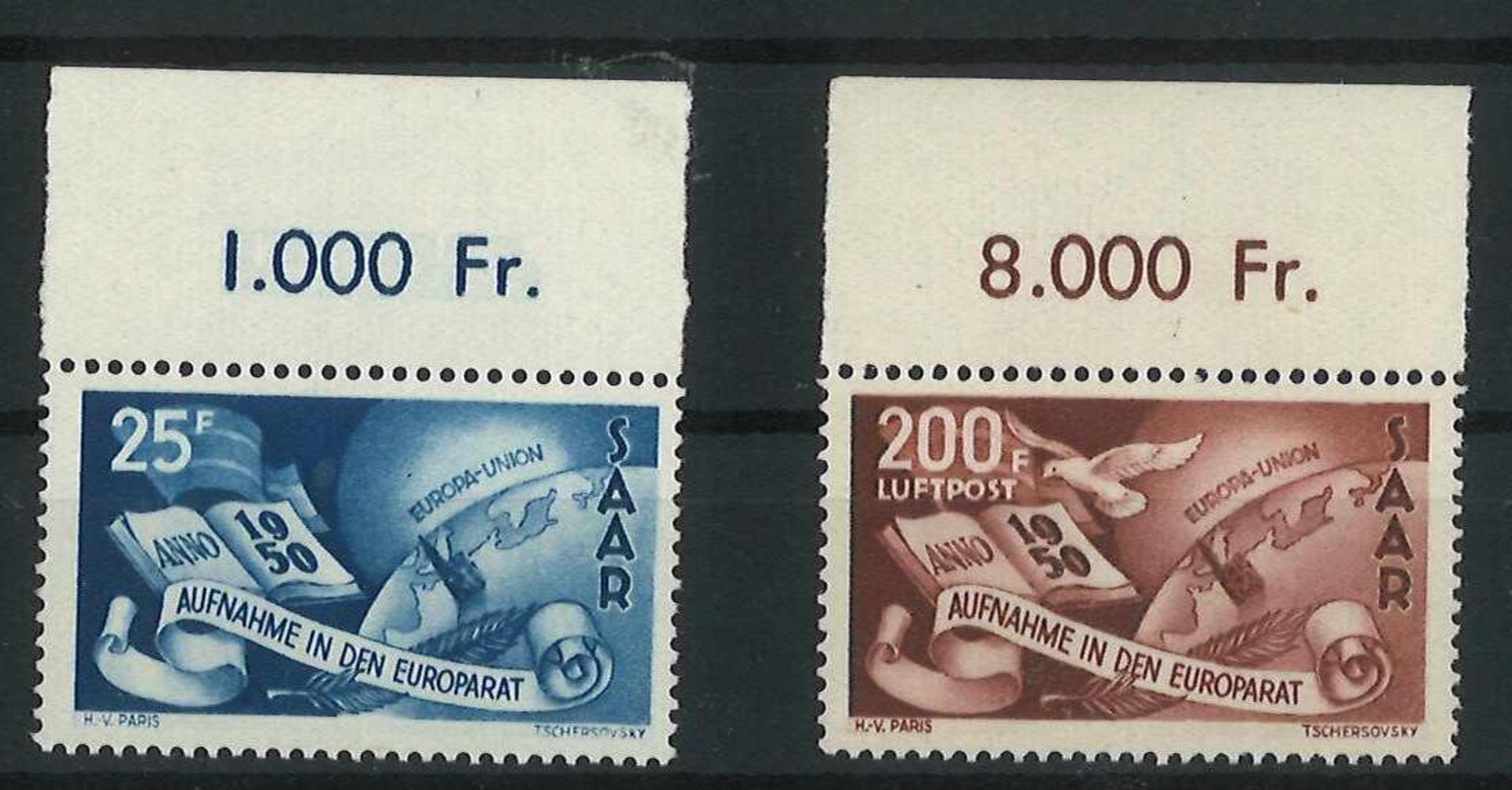 Saarland 1950, Mi Nr. 297 +298, mit Oberrand, postfrischSaarland 1950, Mi No. 297 +298, with upper