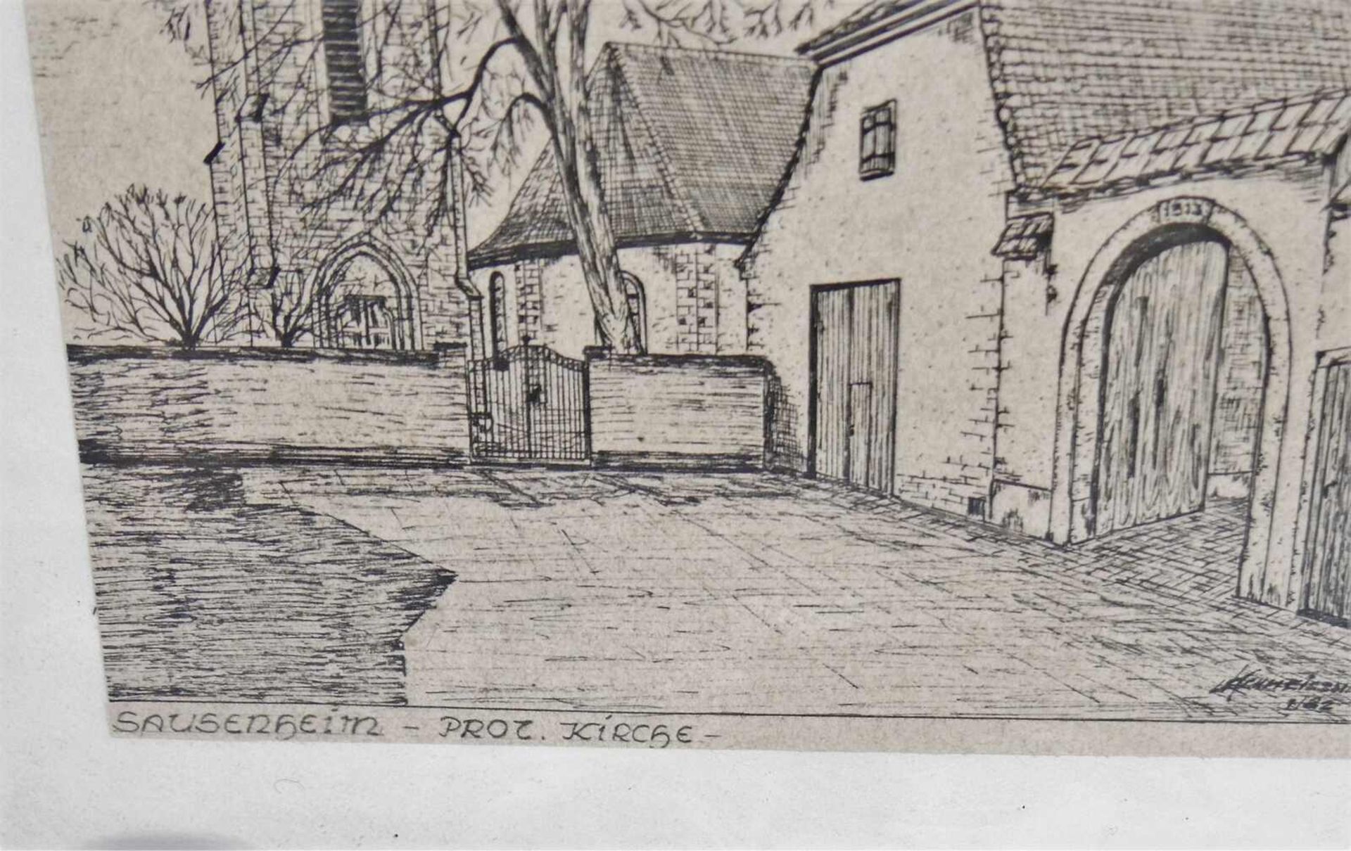 Kennzeigner, Tuschezeichnung auf Papier "Sausenheim (Pfalz) Prot. Kirche", hinter Glas gerahmt. Ges - Bild 2 aus 2