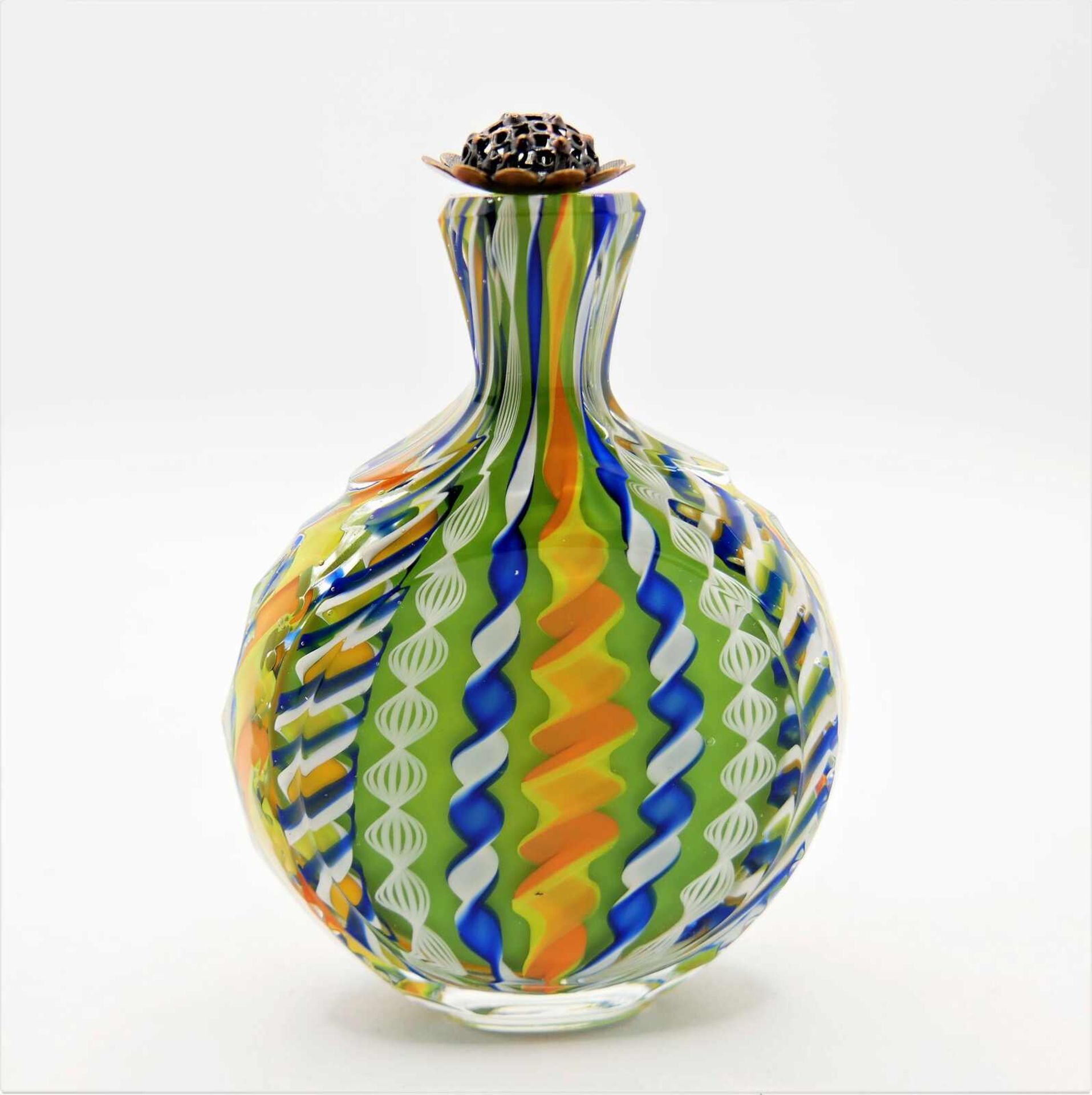 Schnupftabakflasche Glas aus Sammlung, Bixl, grün/orange/gelb/blau/weiß, mit Stöpsel. Bayrischer - Bild 2 aus 2