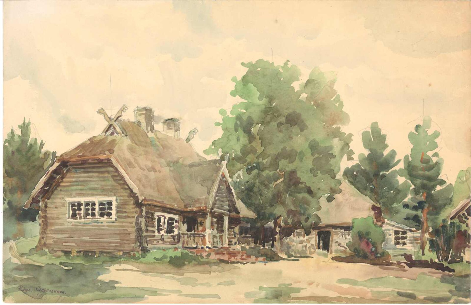 ungedeutete Künstlerin, wohl russisch, Aquarell auf Papier "Haus in Rußland", links unten Signatu