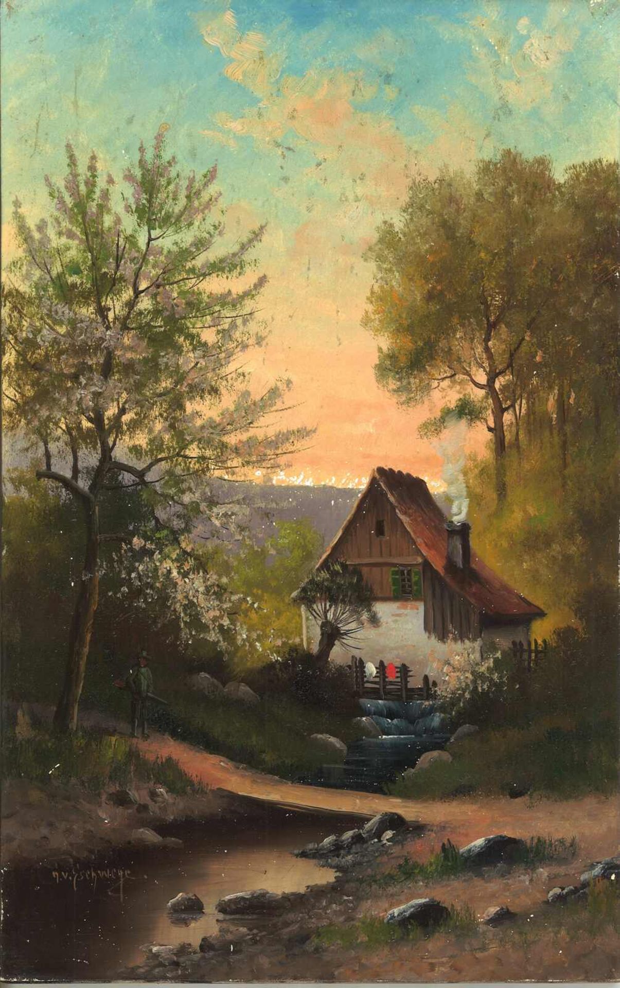 F.A. Elmar von Eschwege (1856-1935), Ölgemälde auf Porzellanplatte "Frühling", teilweise Farbver