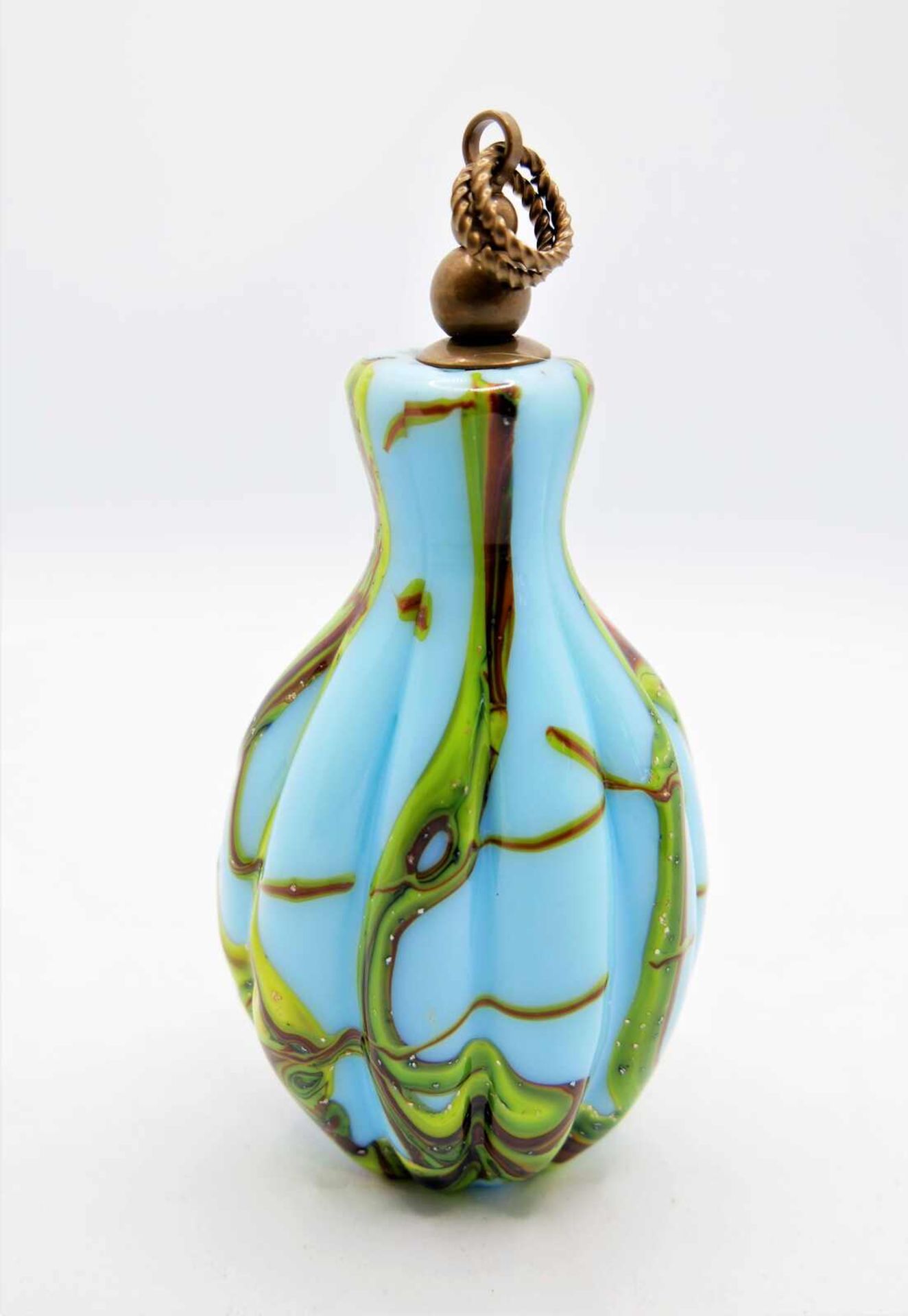 Schnupftabakflasche Glas aus Sammlung, Bixl, blau/grün/gelb/rot, mit Stöpsel. Bayrischer Wald. Höhe