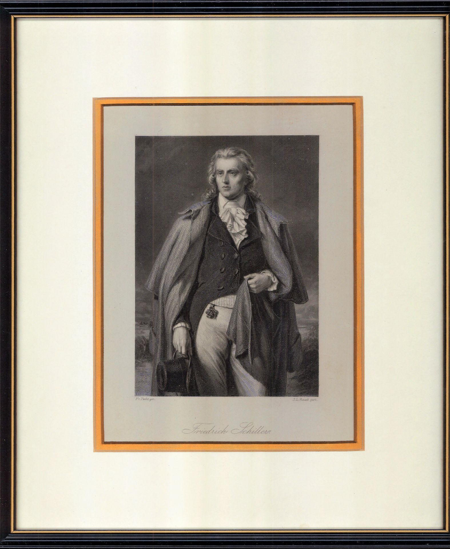 Johann Leonard Raab (1825-1899), Friedrich Schiller, Stich/Radierung. Aufwendig hinter Glas gerahmt.