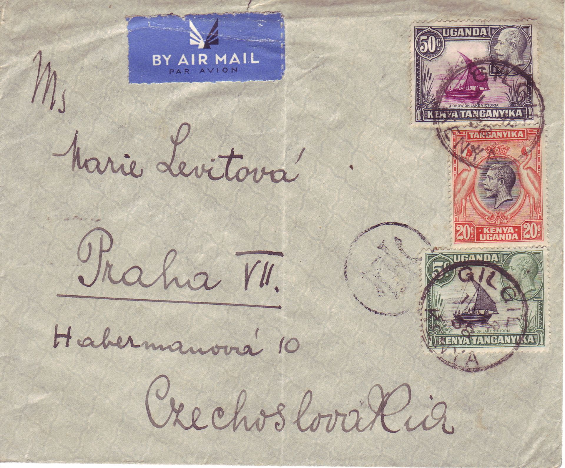Kenia / Tansania 1938, Luftpost - Brief von Gil Gil nach Prag. Mit Transitstempel Athinai.>/de>