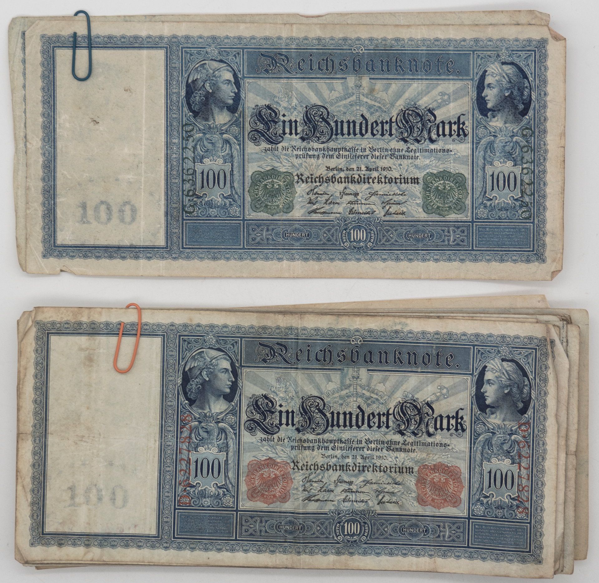 Deutsches Reich 1910, Lot 100.- Mark - Banknoten, rot. Rosenberg Nr. 43. Insgesamt 25 Stück.