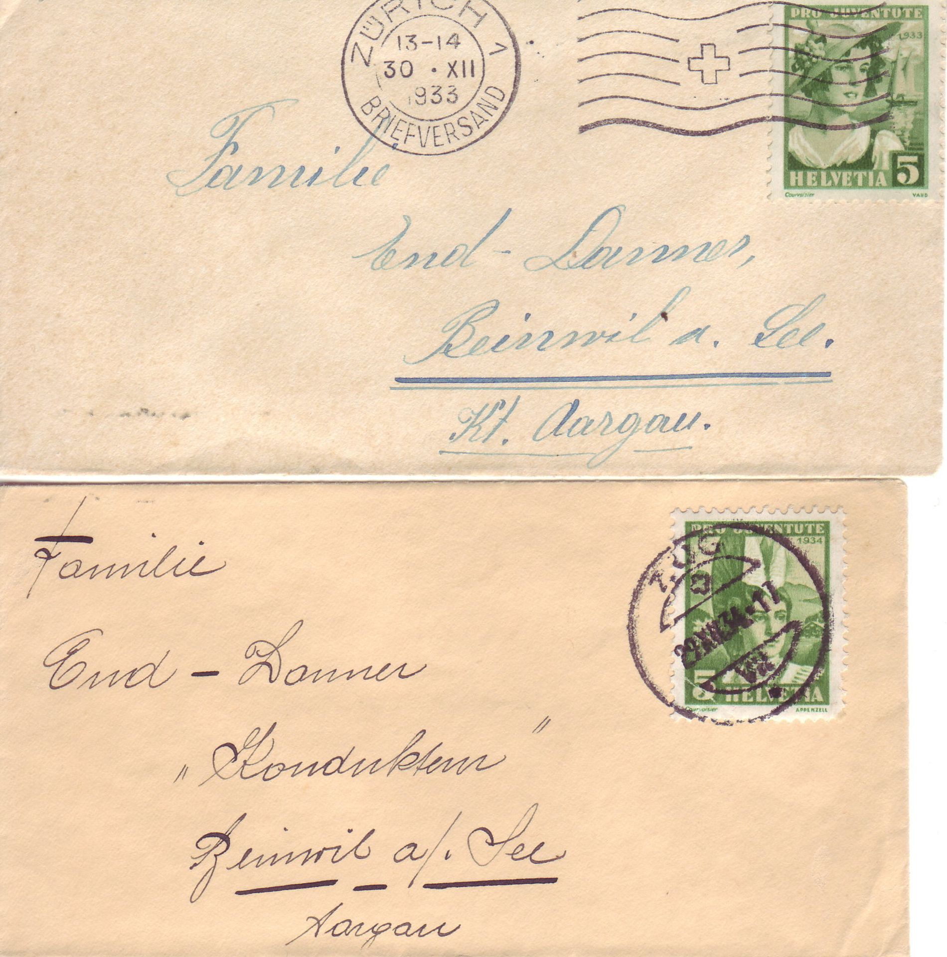 Schweiz 1933/34, zwei Briefe ohne Inhalt, 1 x von Zug nach Beinwil am See und 1 x von Zürich nach
