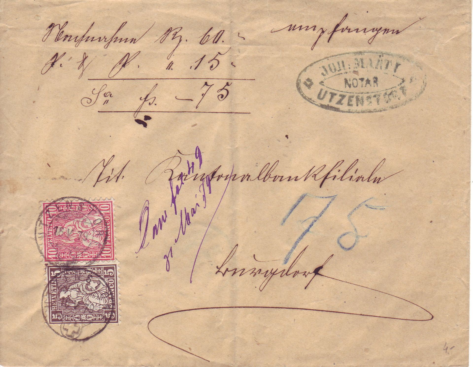 Schweiz 1879, Beleg mit MiF sitzende Helvetia. Gelaufen von Utzenstorf nach Burgdorf. Mit Rechnung