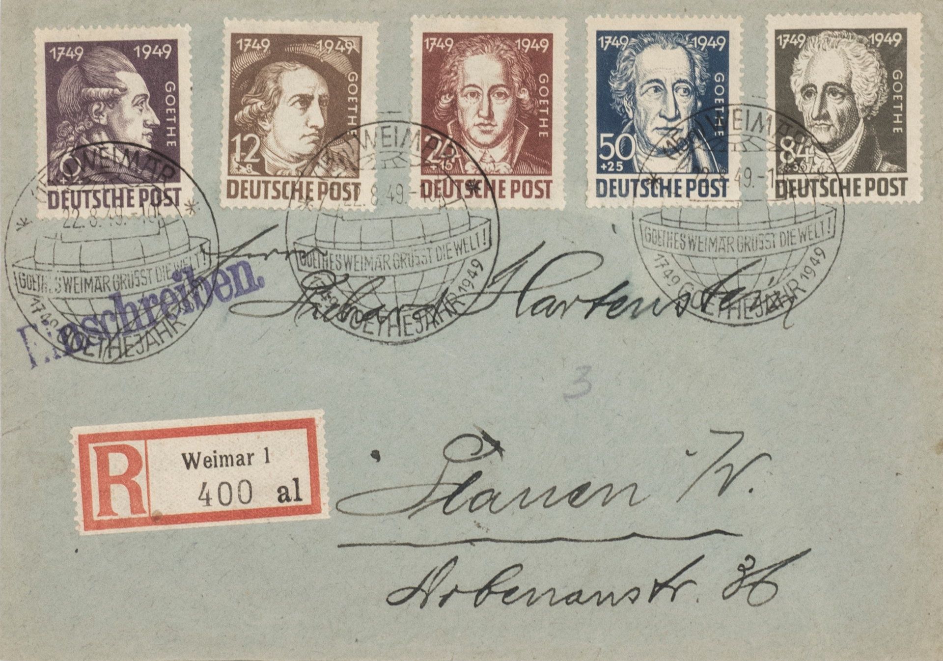 SBZ, Mi. - Nr. 234 - 238 auf R - Brief von Weimar nach Plauen. Mit Sonderstempel. Kuvert mit kleinem