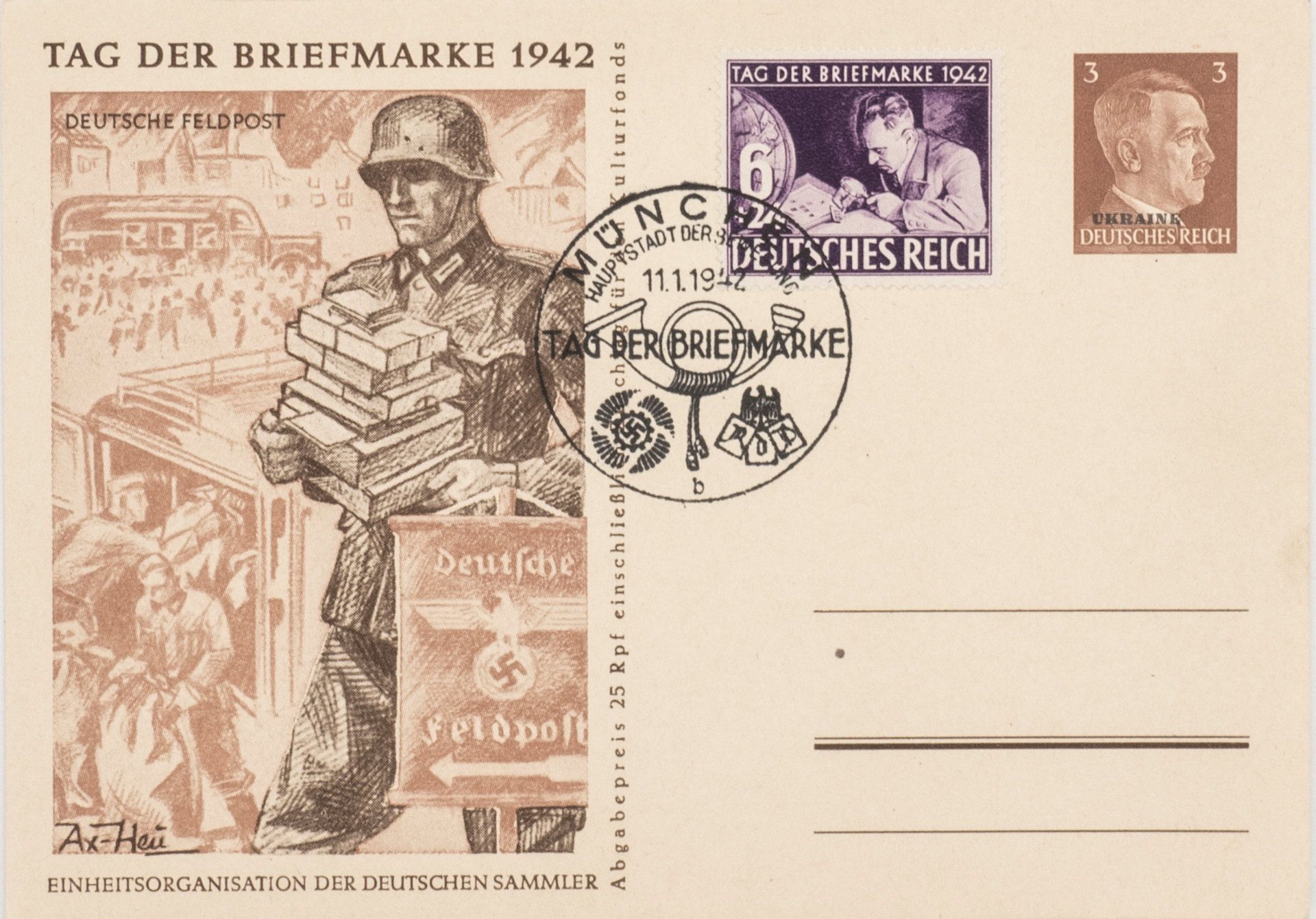 Deutsche Besetzung Ukraine 1939/45, Ganzsache mit Zusatzfrankatur P 4/2. Mit Ersttagsstempel.>/de>