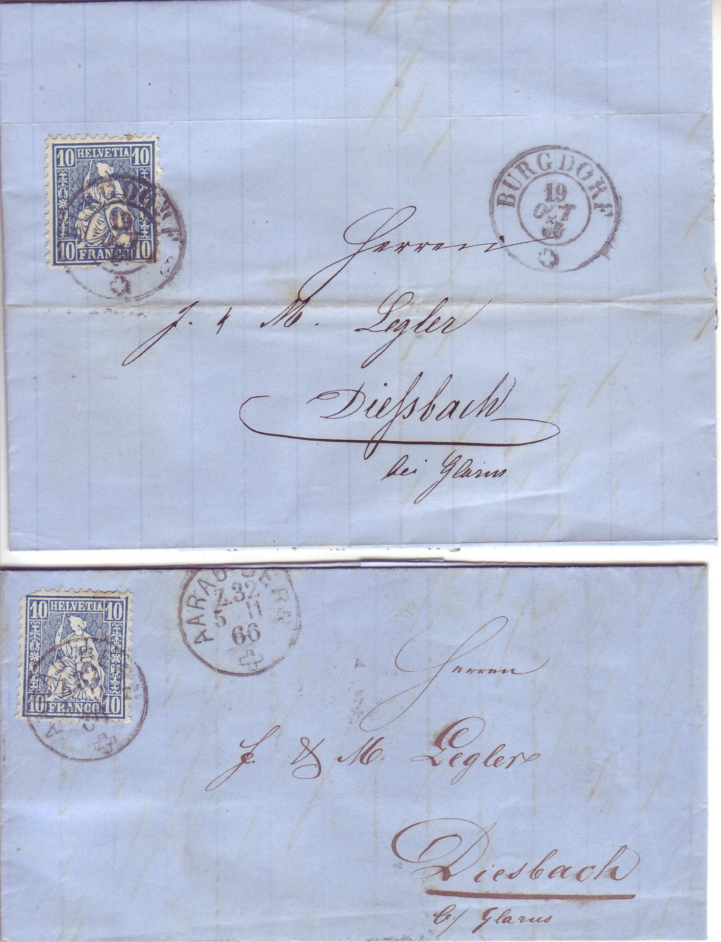 Schweiz 1866, zwei blaue Faltbriefe, frankiert mit 10 C, sitzende Helvetia. 1 x von Aarau nach