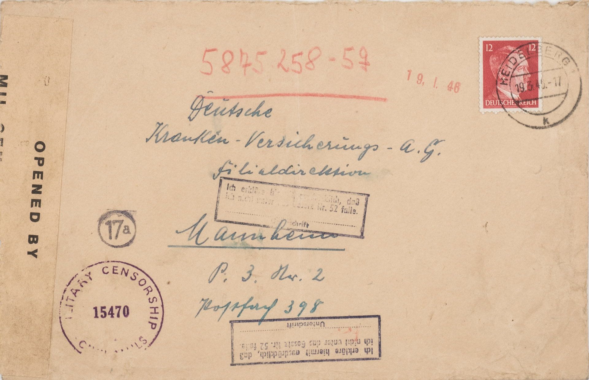 Deutschland 1945, Zensurbeleg, gelaufen von Heidelberg nach Mannheim.>/de>