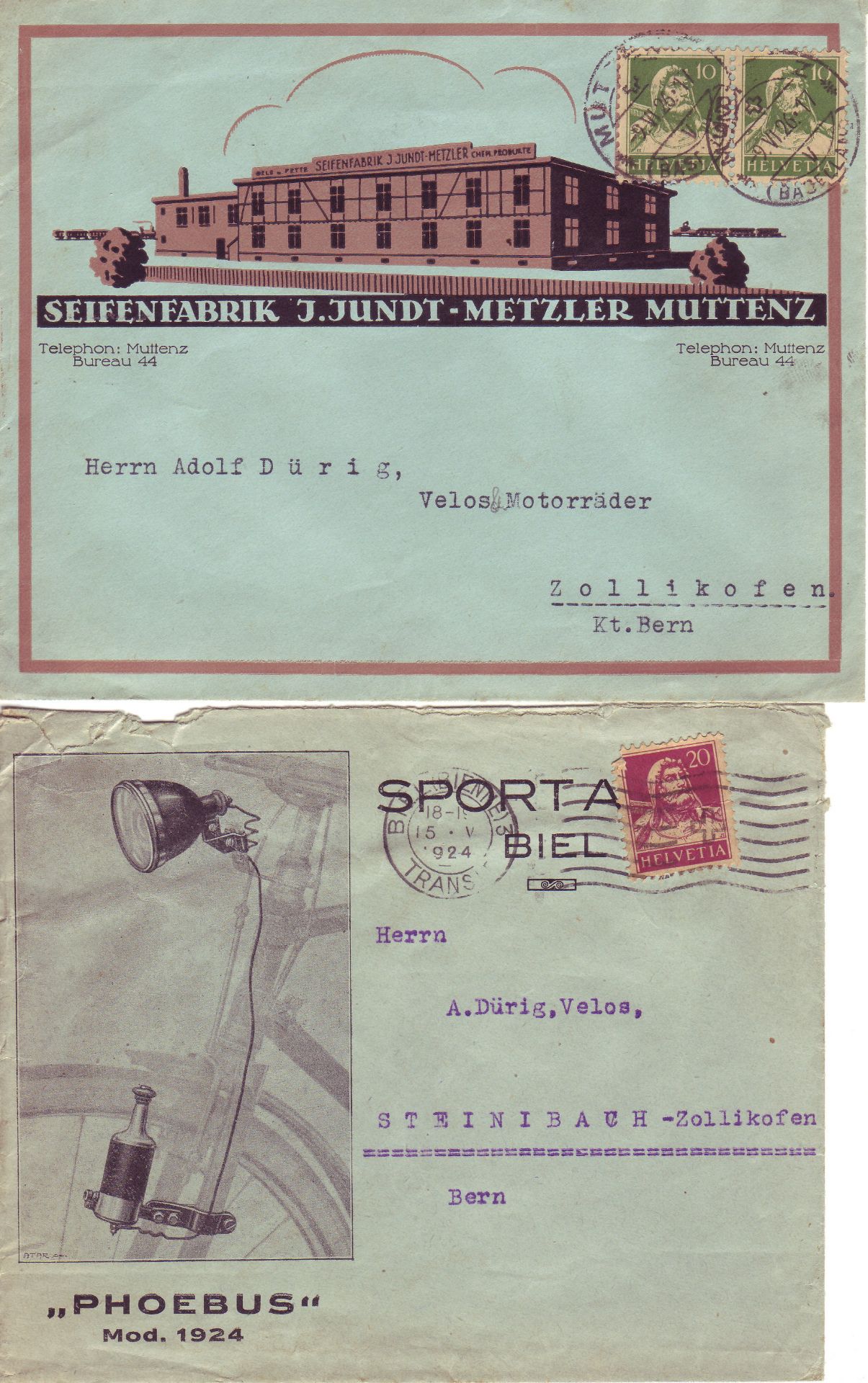 Schweiz 1924, drei Briefe ohne Inhalt mit Reklameaufdrucken. Gelaufen innerhalb der Schweiz, jeweils