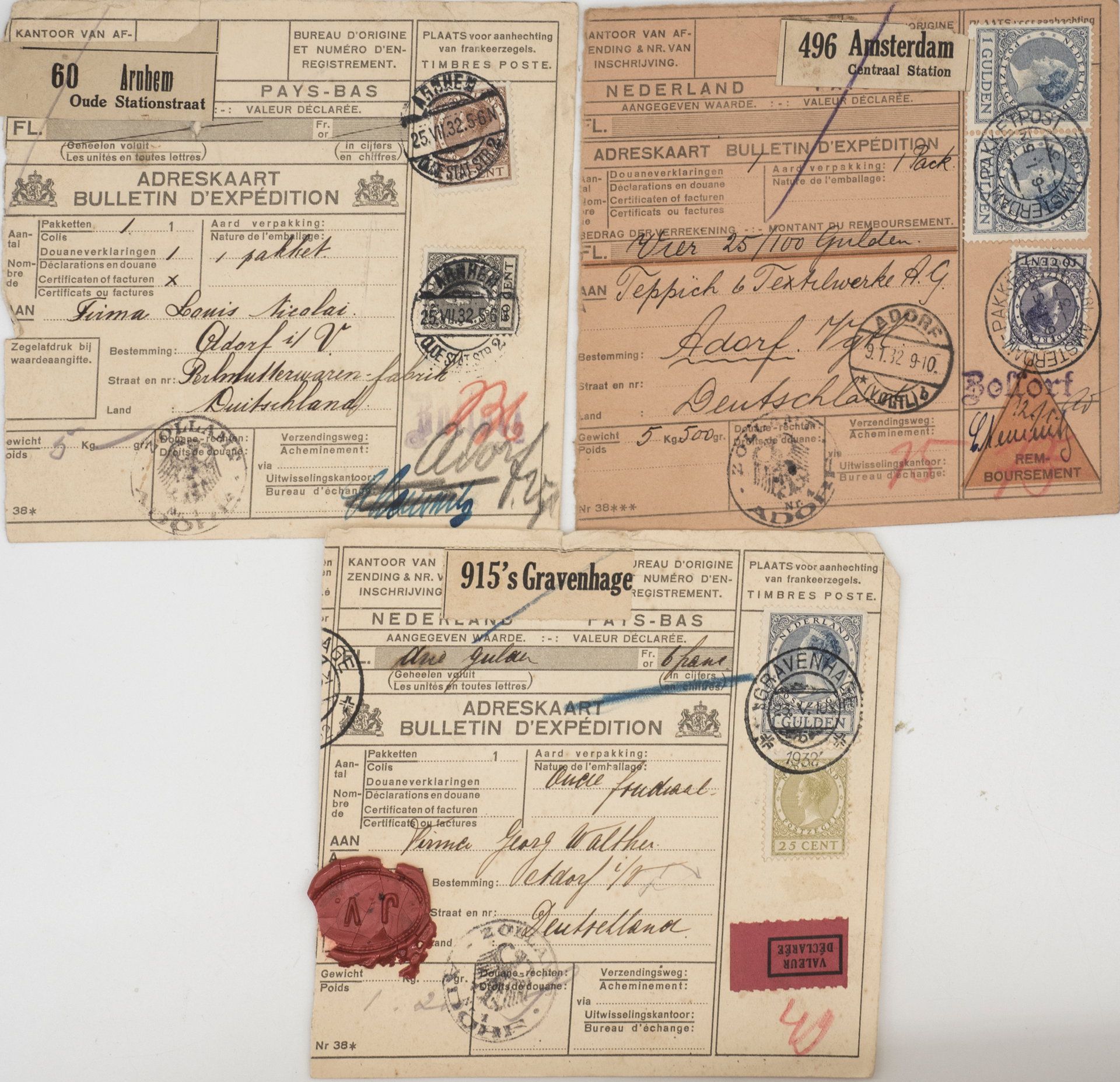 Niederlande 1932, drei Paketkarten nach Deutschland.>/de>
