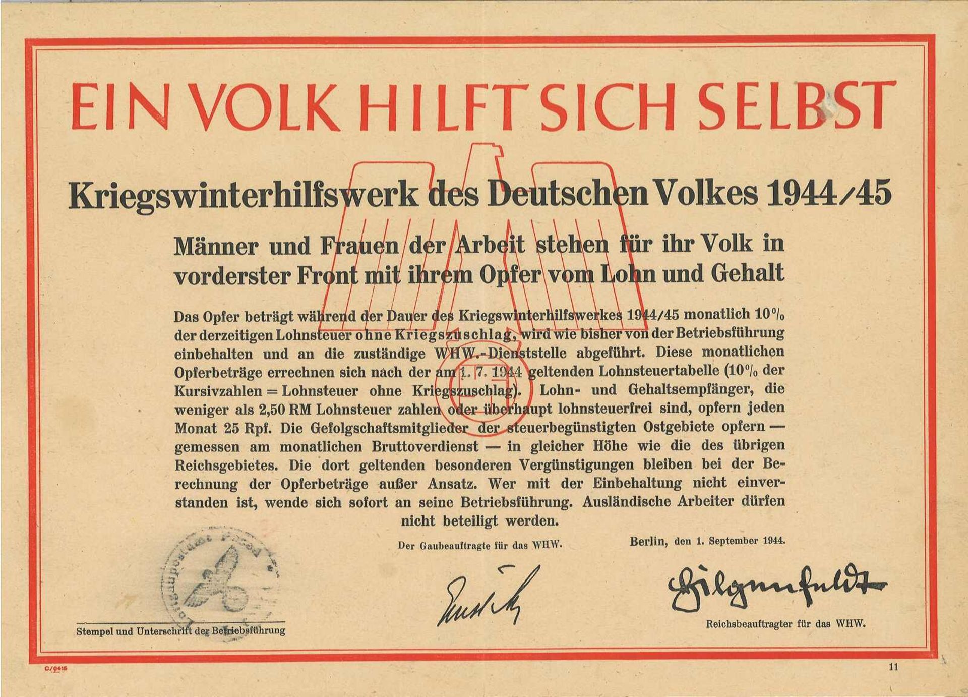 Plakat / Papier in A4 von Kriegswinterhilfswerk des Deutschen Volkes von 1944, über die monatliche