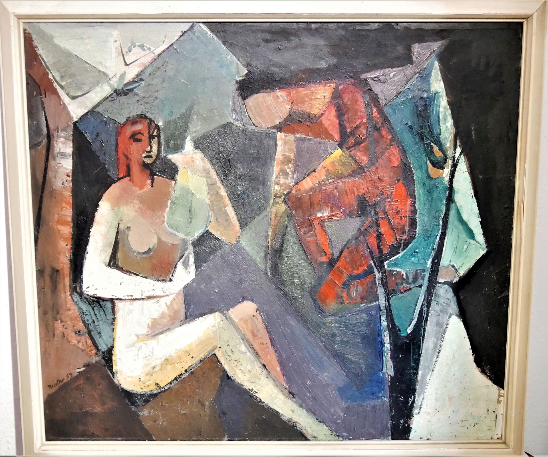 Paul Reutter, Mannheim, Ölgemälde auf Spanplatte "Abstraktes Paar", Gesamtmaße: Höhe ca. 90 cm,