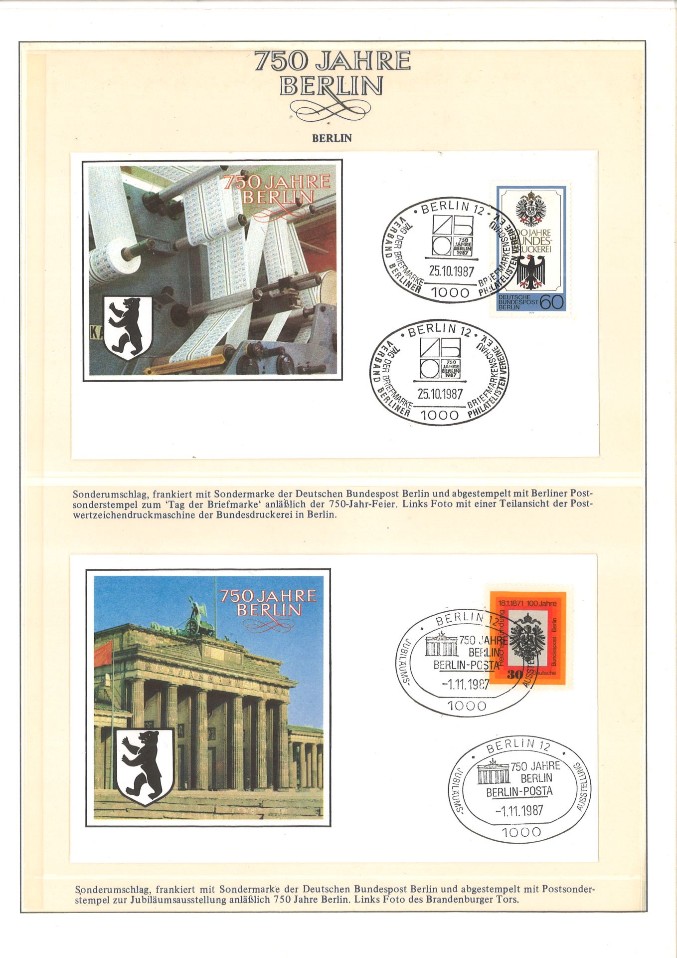 2 große Vordruckalben, 750 Jahre Berlin, enthalten überwiegend Belege und Briefmarken Berlin und