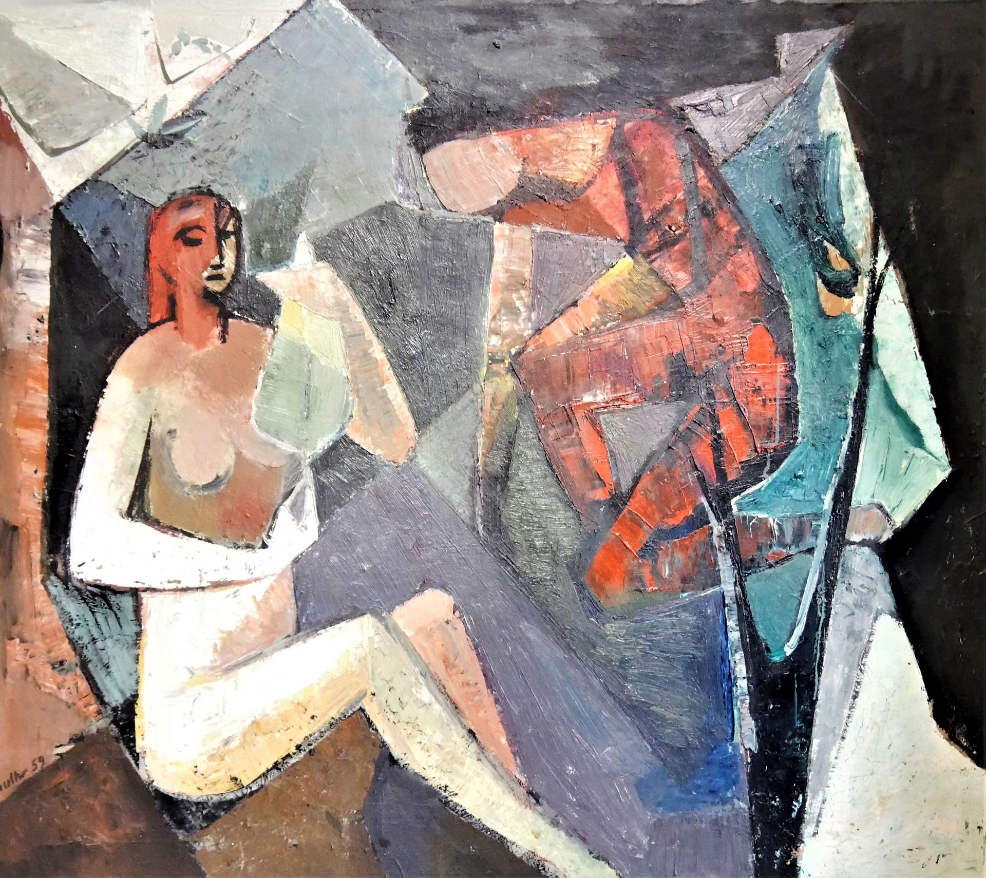 Paul Reutter, Mannheim, Ölgemälde auf Spanplatte "Abstraktes Paar", Gesamtmaße: Höhe ca. 90 cm, - Image 2 of 2
