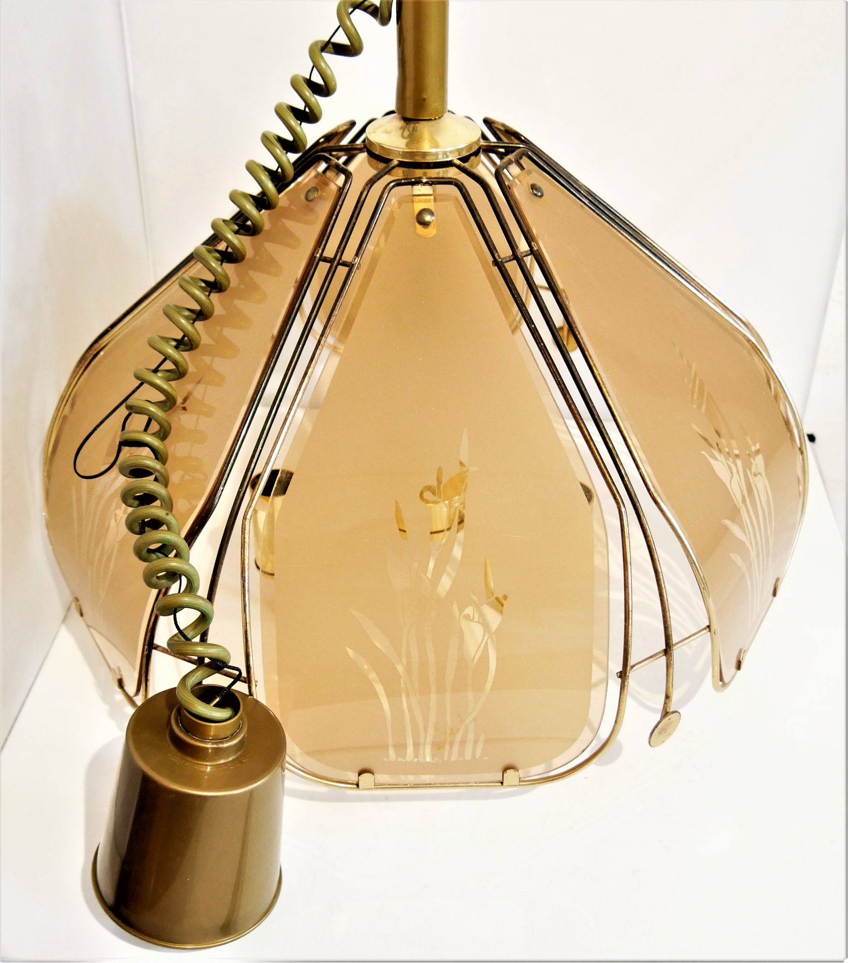 1 Hänge-Glaslampe mit Messing "Blumen", 80er Jahre. - Image 2 of 2