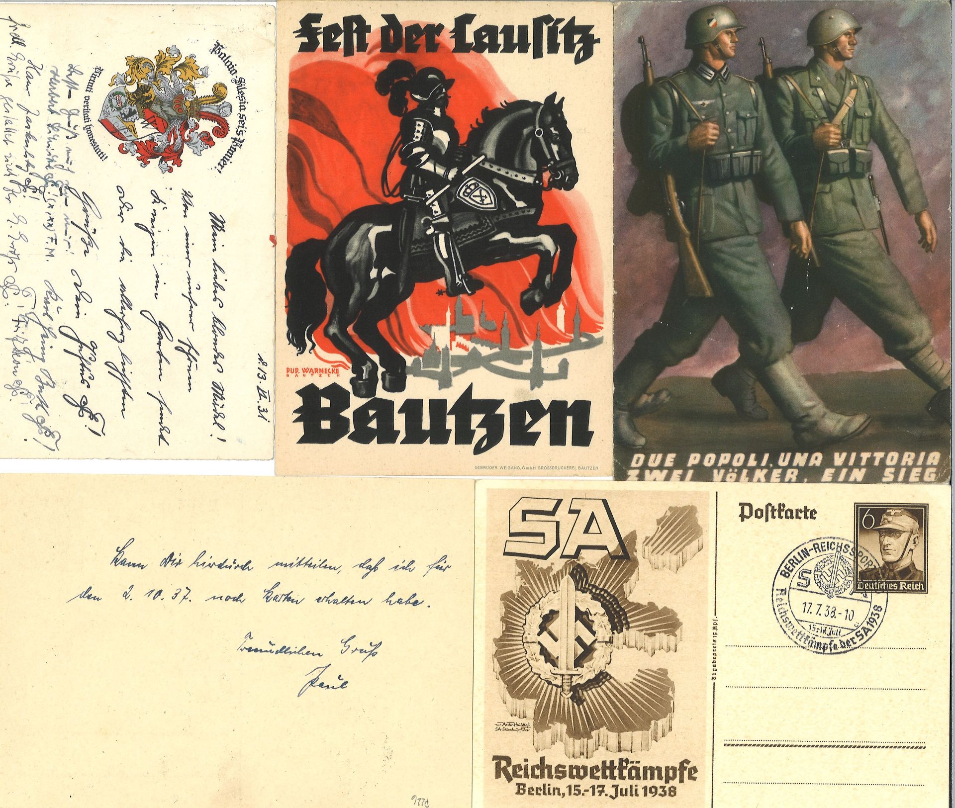 5 Belege 1930er Jahre: 1) Postkarte "Zwei Völker, ein Sieg, deutsch-italienische Waffenbrüderschaft.