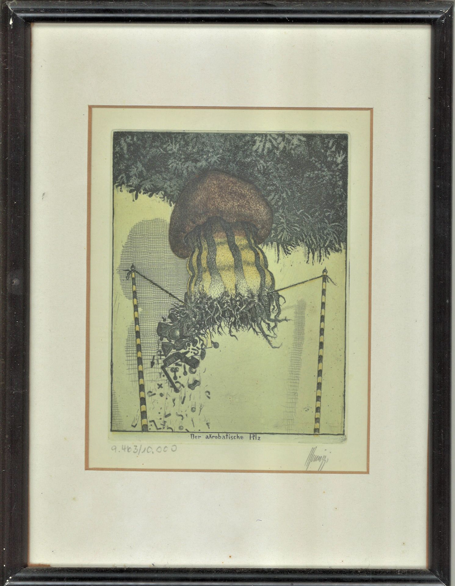 Maurilio Minuzzi (1939 - ), Farbradierung "Der aktrobatische Pilz", Nr. 9463/10000. Rechts unten