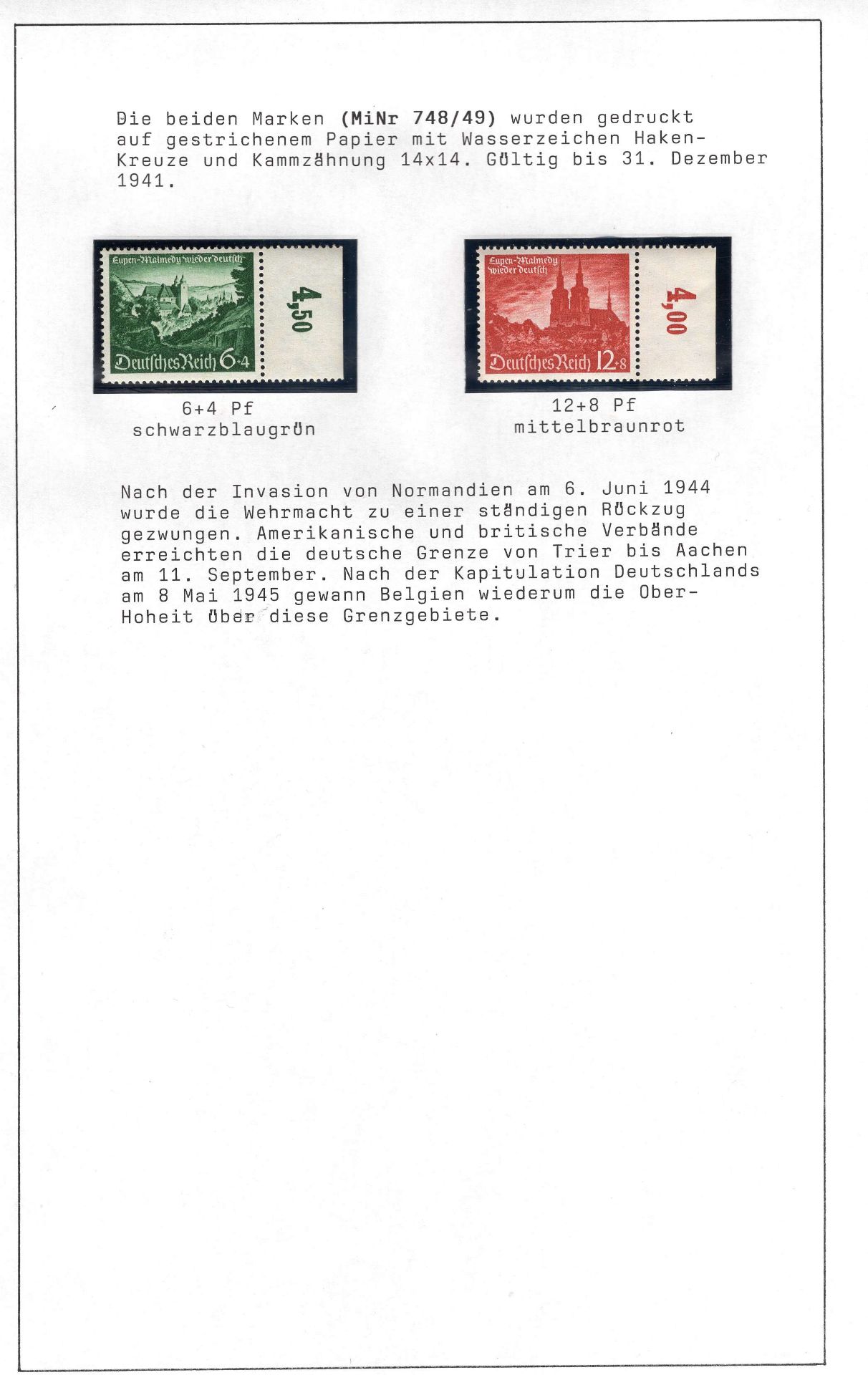 Deutsches Reich, Mi. - Nr. 748/49, Wiedereingliederung von Eupen und Malmedy. In tadelloser