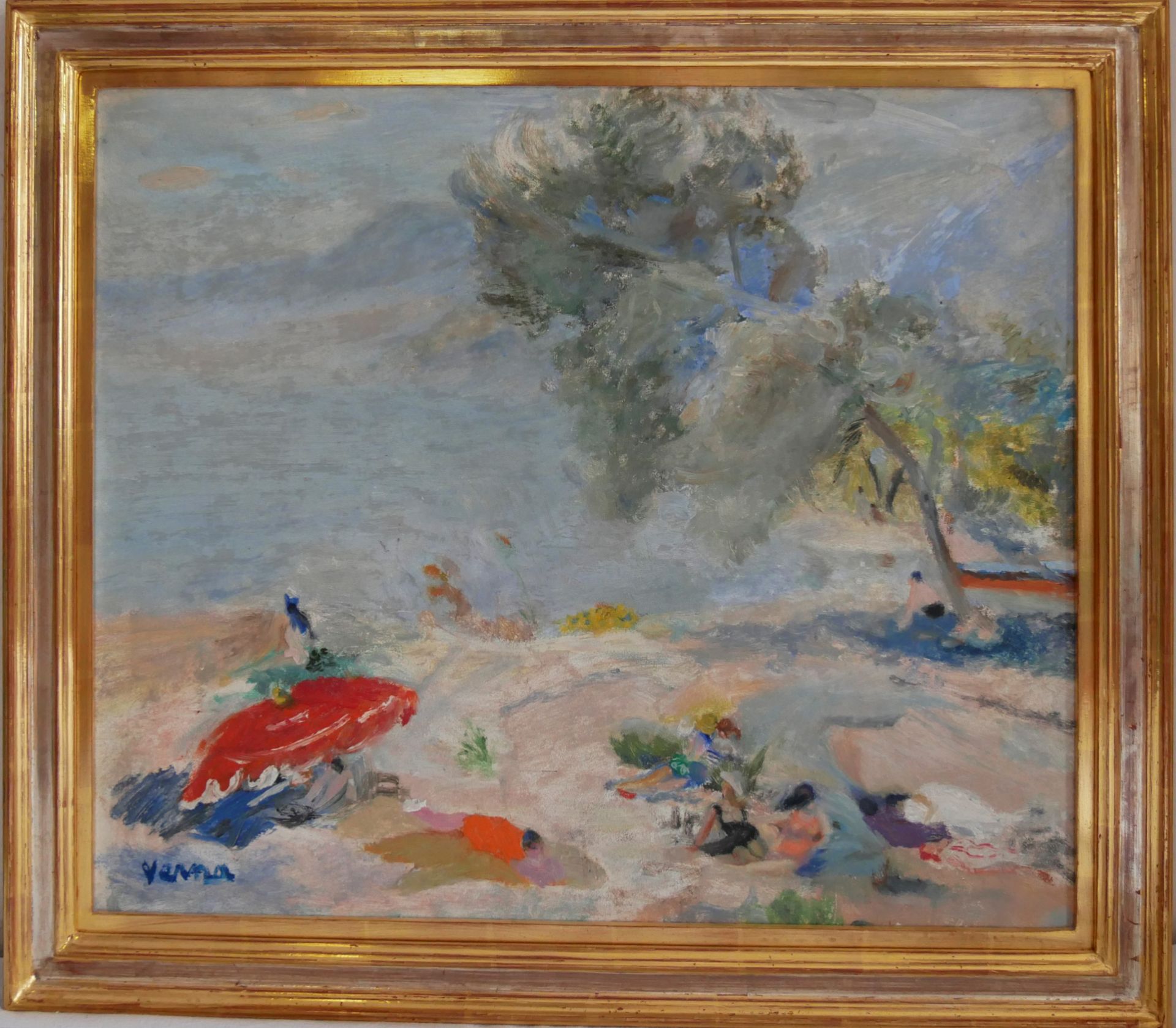 Verna (wohl Germaine Verna 1908-1975), Ölgemälde auf Malkarton, "Am Strand", links unten Signatur,
